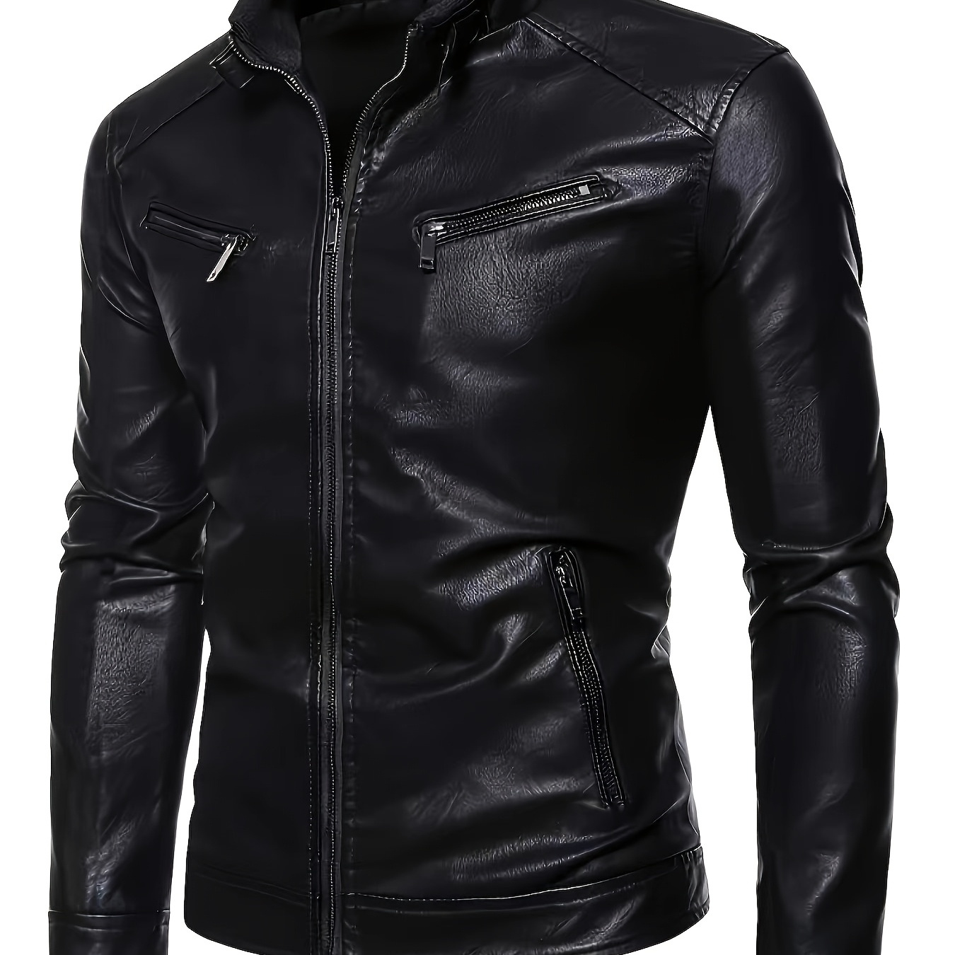 

Fashion , Men's Trendy Leather Jacket - Casual Stand Collar, Zip-up Biker Style With Pockets For Fall & Winter