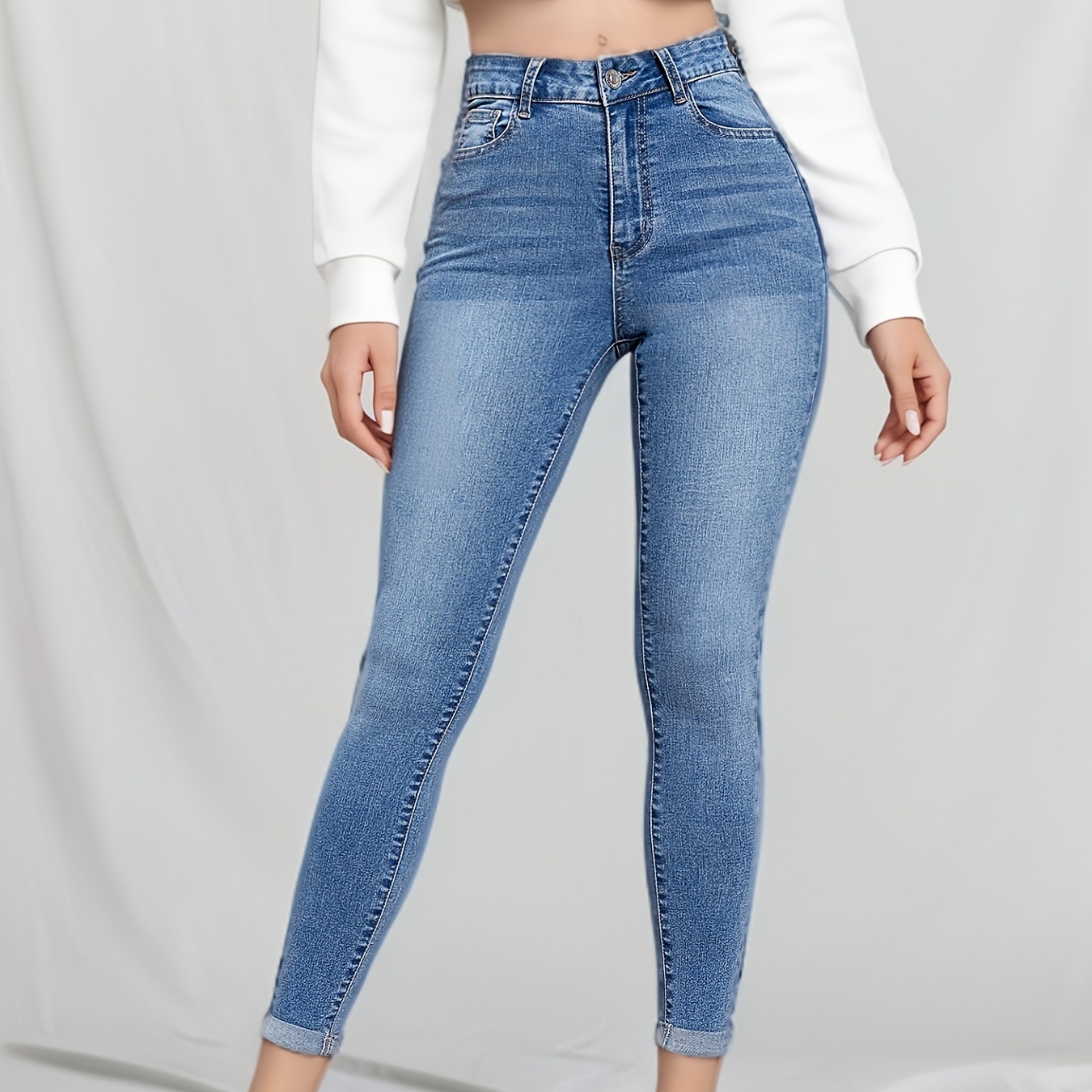 

Women's Elegant High-waisted Skinny Fit Jeans With Cuffed Hem, Classic Blue Denim, Casual Chic Style For Everyday Wear For Fall & Winter