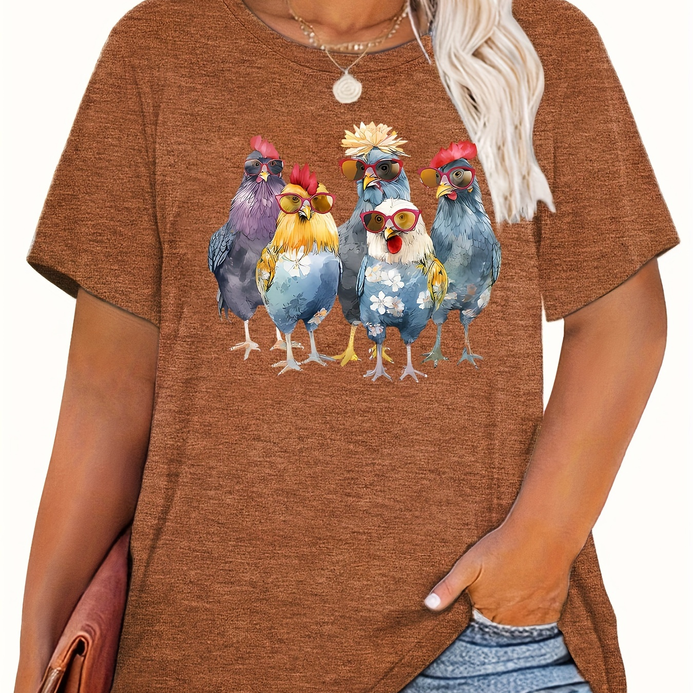 

Plus Size Chicken Print T-shirt, Casual Short Sleeve Crew Neck Top For Summer & Spring, Women's Plus Size Clothing