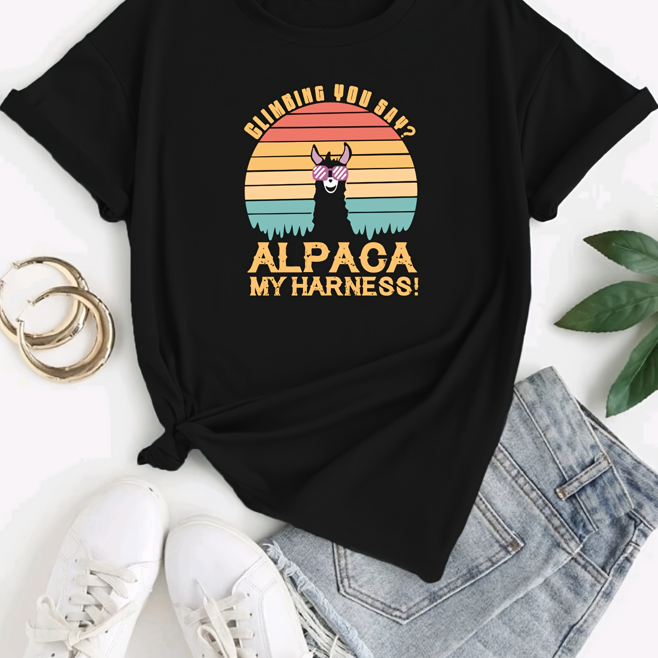 

Cool Alpaca & Letter Print T-shirt, Casual Crew Neck Short Sleeve Top For Spring & Summer, Women's Clothing