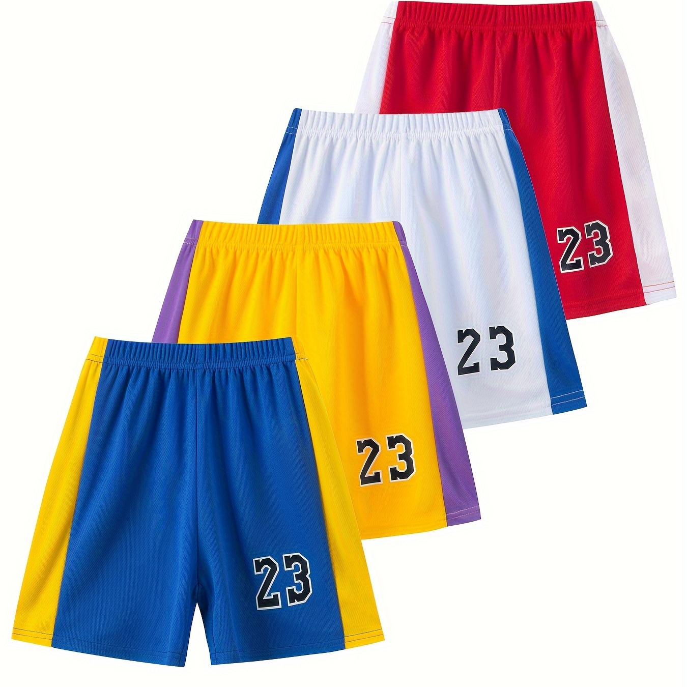 

4pcs Boy's Number 23 Pattern Basketball Shorts, Elastic Waist Comfy Mesh Breathable Summer Sports Training Shorts