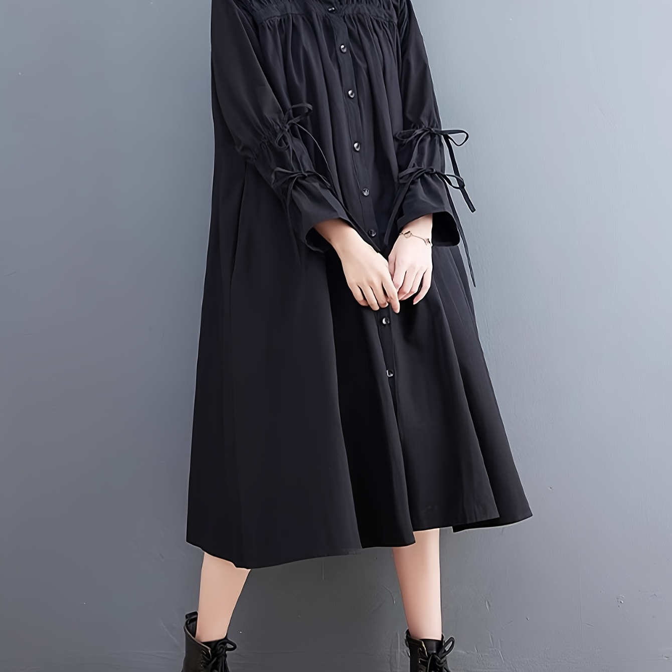 

Casual Solid Color A-line For Women, Polyester 100%, Stand Collar, Button Detail, Long Sleeve With Tie Cuffs, Woven Mid-length Dress For Fall/winter