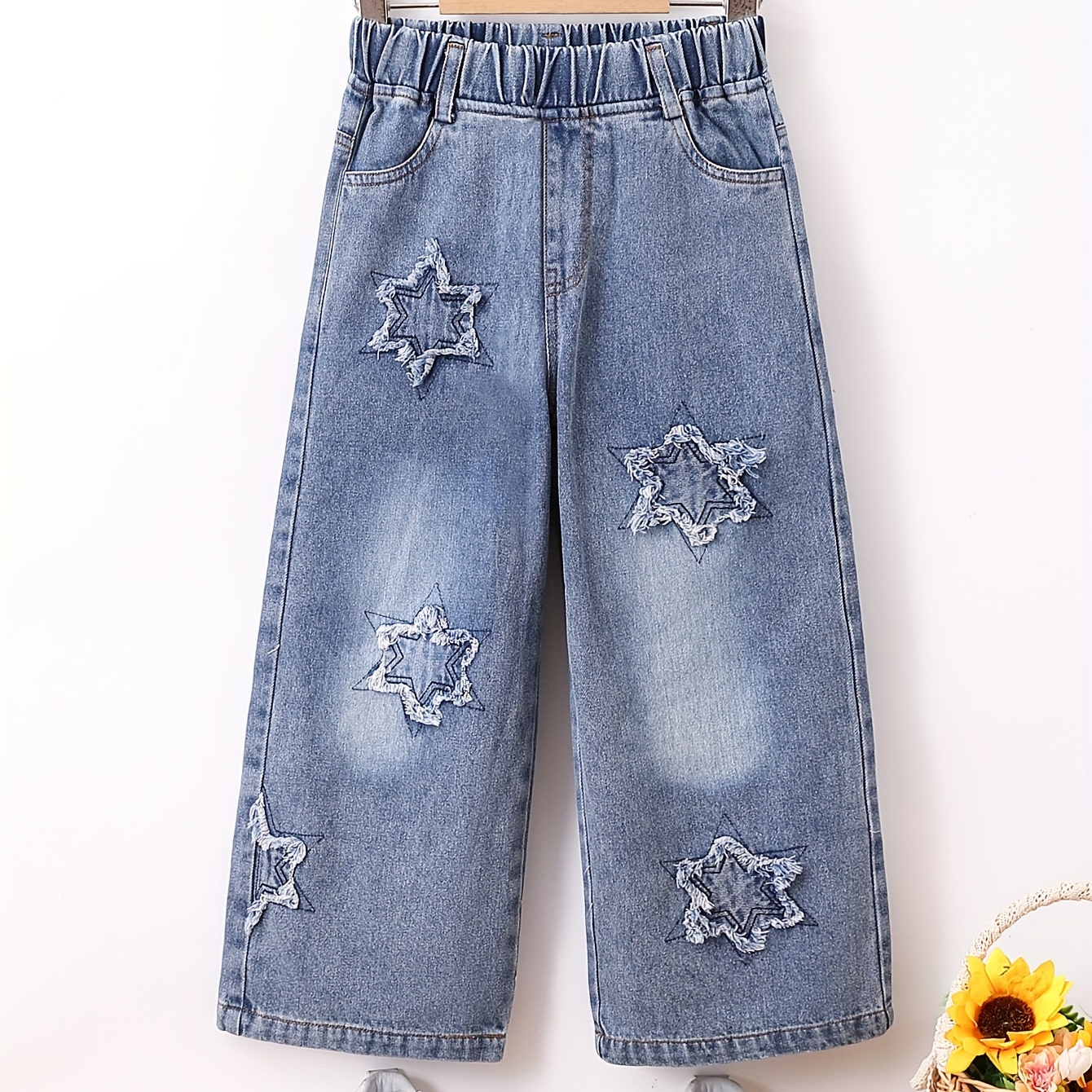 

Stars Patches Wide-leg Jeans Urban Wash Loose Casual Denim Pants With Pockets