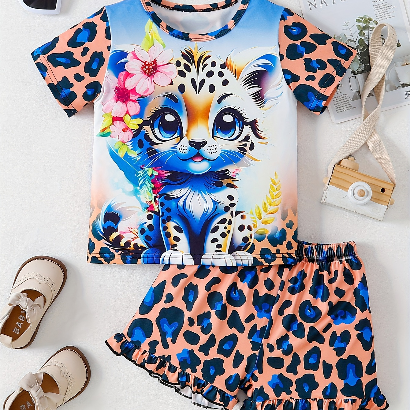 

3d Tiger Animal Print Girls 2pcs Short Sleeve Color Block T-shirt + Matching Shorts Fashion Set For Everyday Summer Going Out