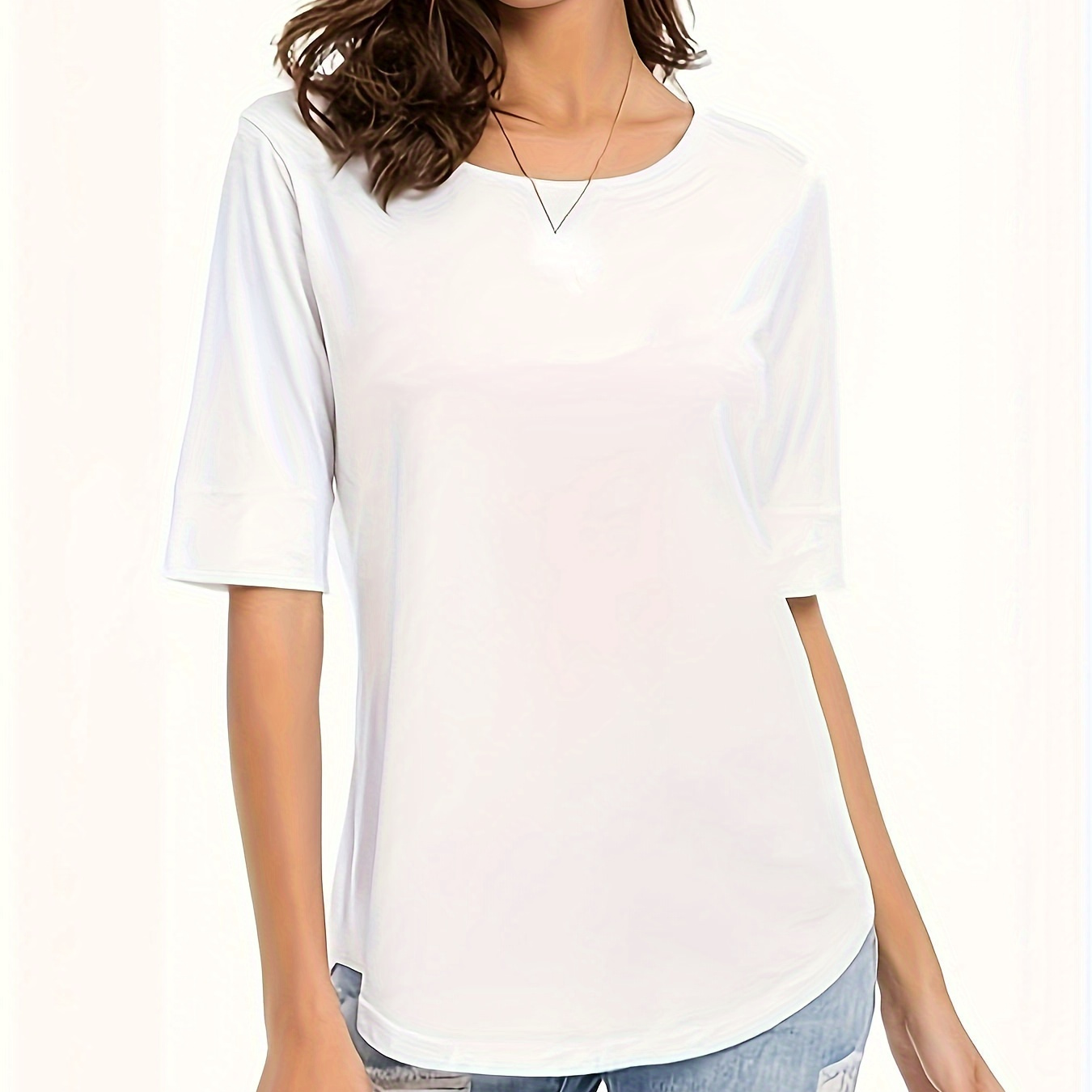 

Casual Solid Lounge Tops, Short Sleeve Round Neck Curve Hem Top, Women's Loungewear