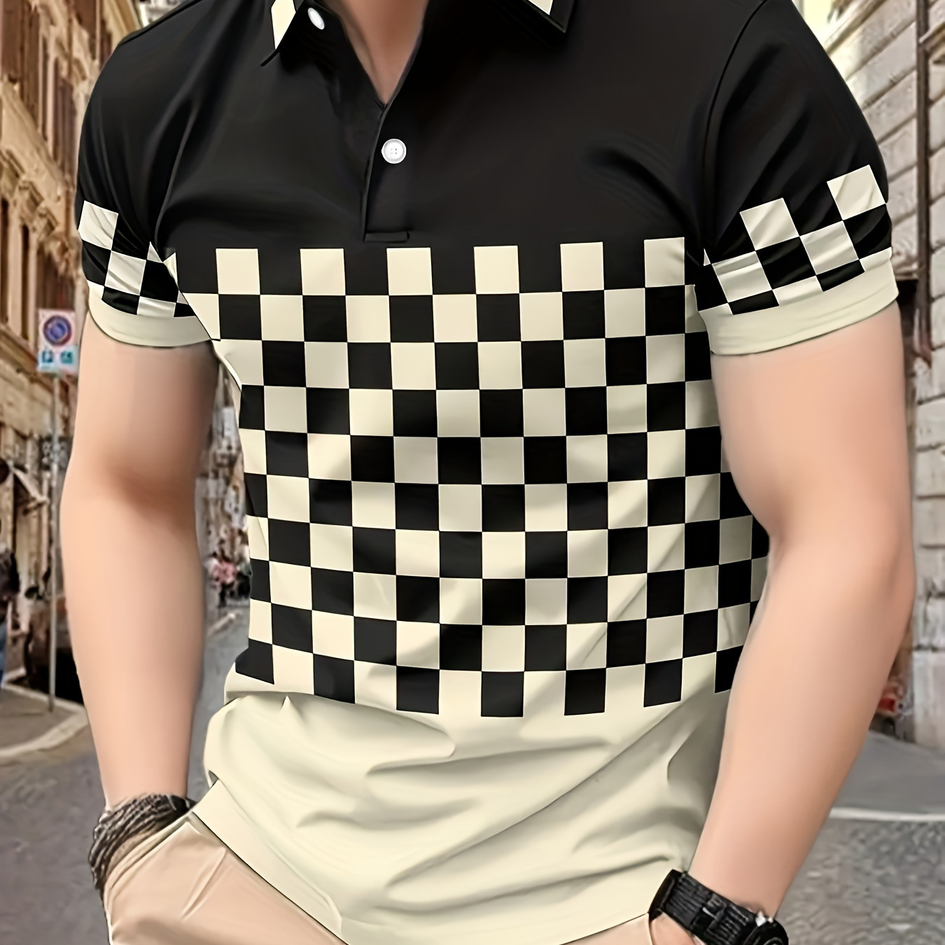 

Men's Checkered Pattern Print Short Sleeve Golf T-shirt For Summer, Outdoor Sports Tennis Tees For Males