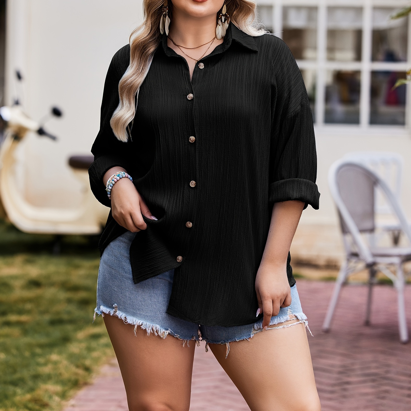 

Plus Size Textured Button Up Shirt, Casual Lapel Neck Long Sleeve Shirt For Daily Wear, Women's Plus Size Clothing