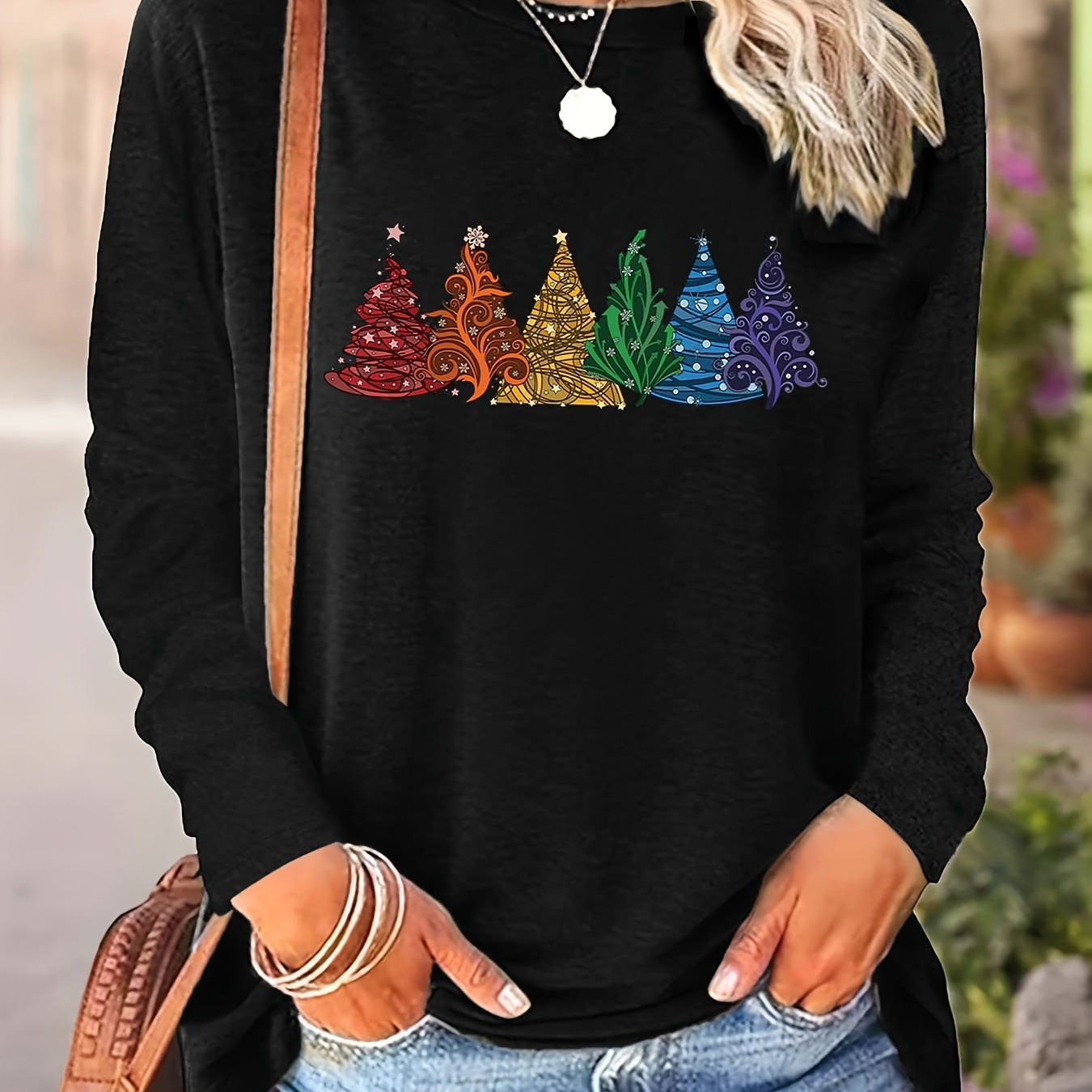 

1pc Women's Casual Round Neck Long Sleeve T-shirt With Geometric Christmas Tree Pattern, Polyester Knit Fabric, Regular Length For Spring/autumn