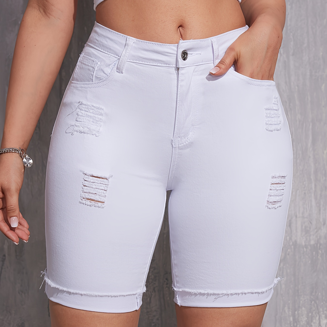 

Ripped Plain White Denim Shorts, Slash Pocket Raw Hem Bermuda Denim Shorts, Women's Denim Jeans & Clothing