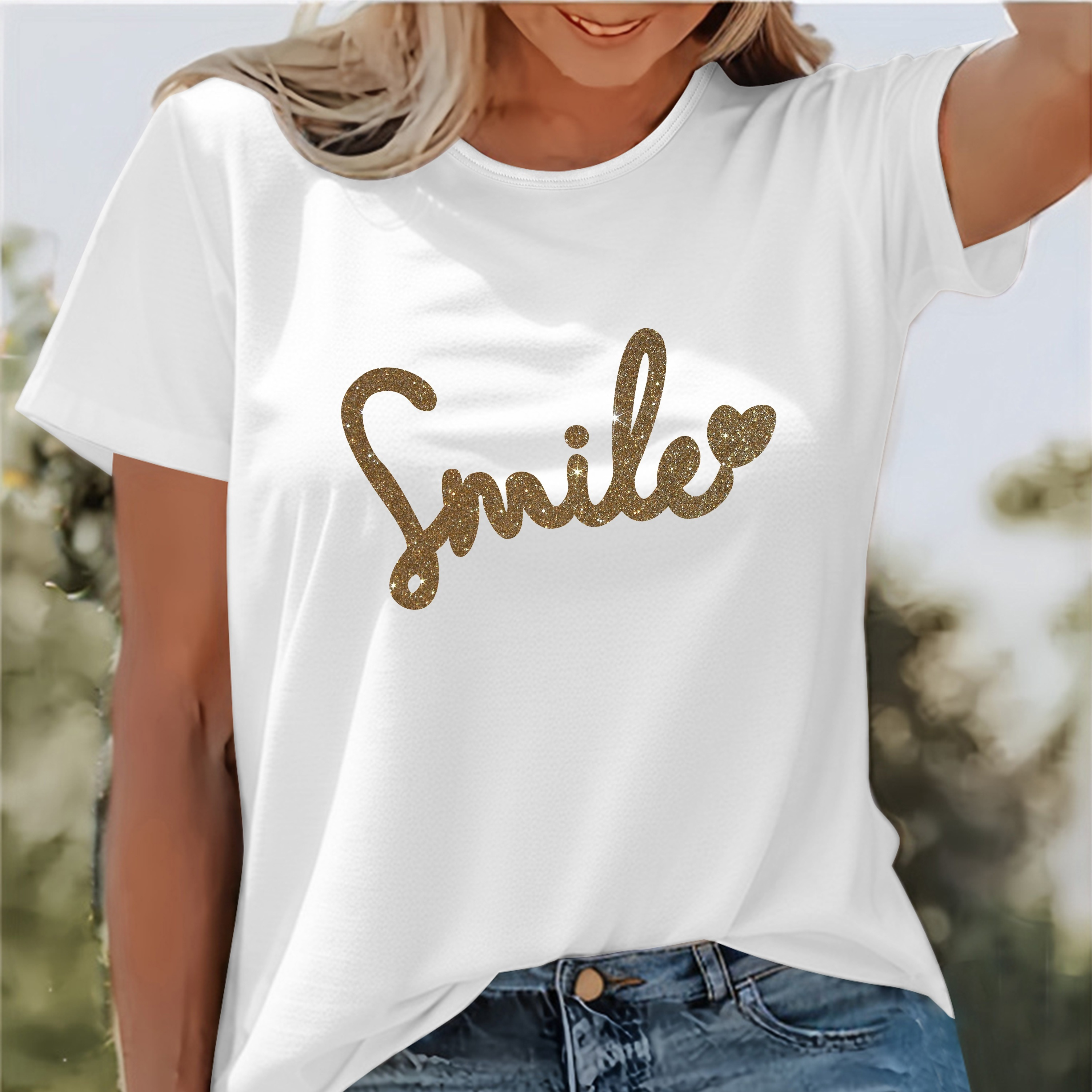 

Smile Print T-shirt, Short Sleeve Crew Neck Casual Top For Summer & Spring, Women's Clothing