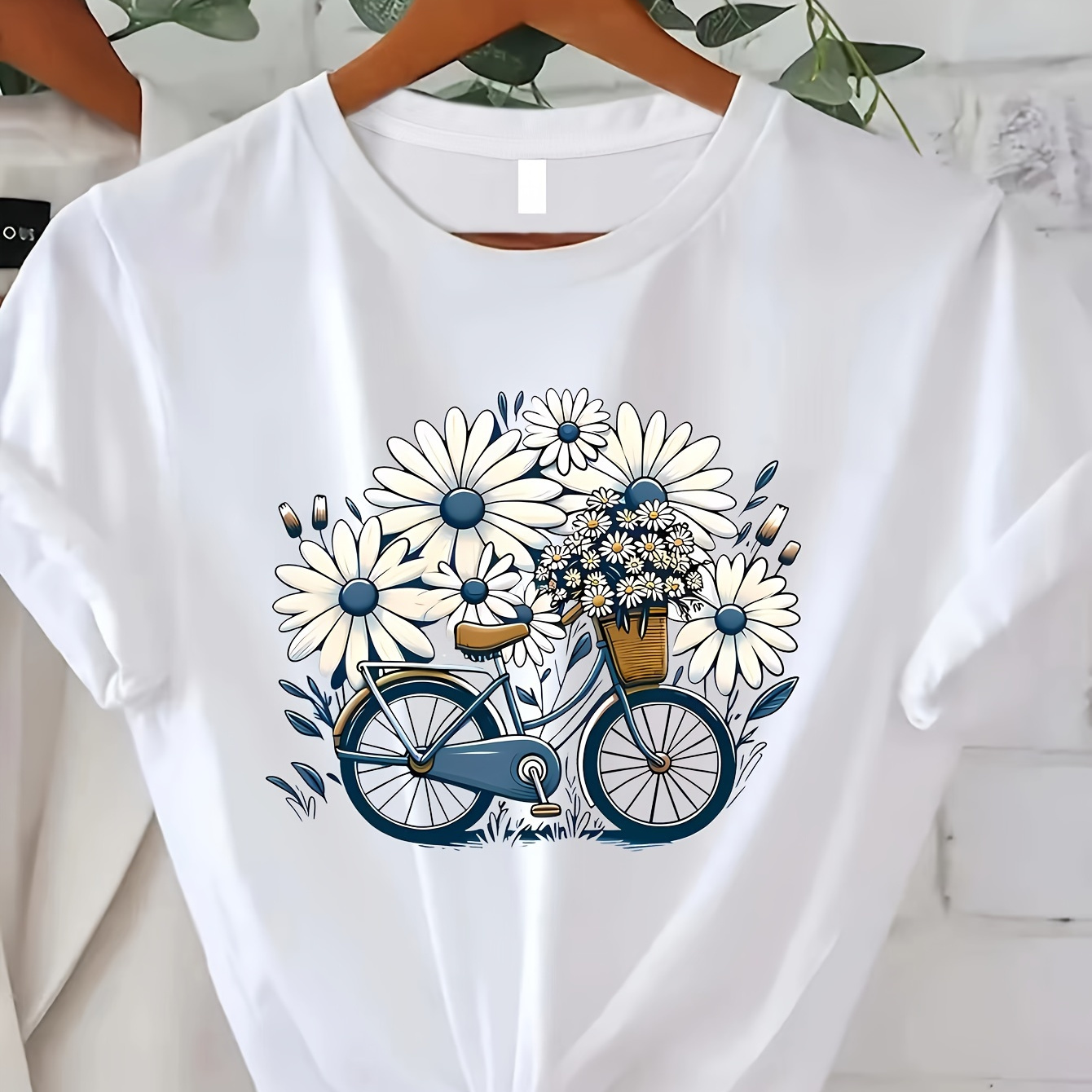 

Bicycle Print T-shirt, Short Sleeve Crew Neck Casual Top For Summer & Spring, Women's Clothing