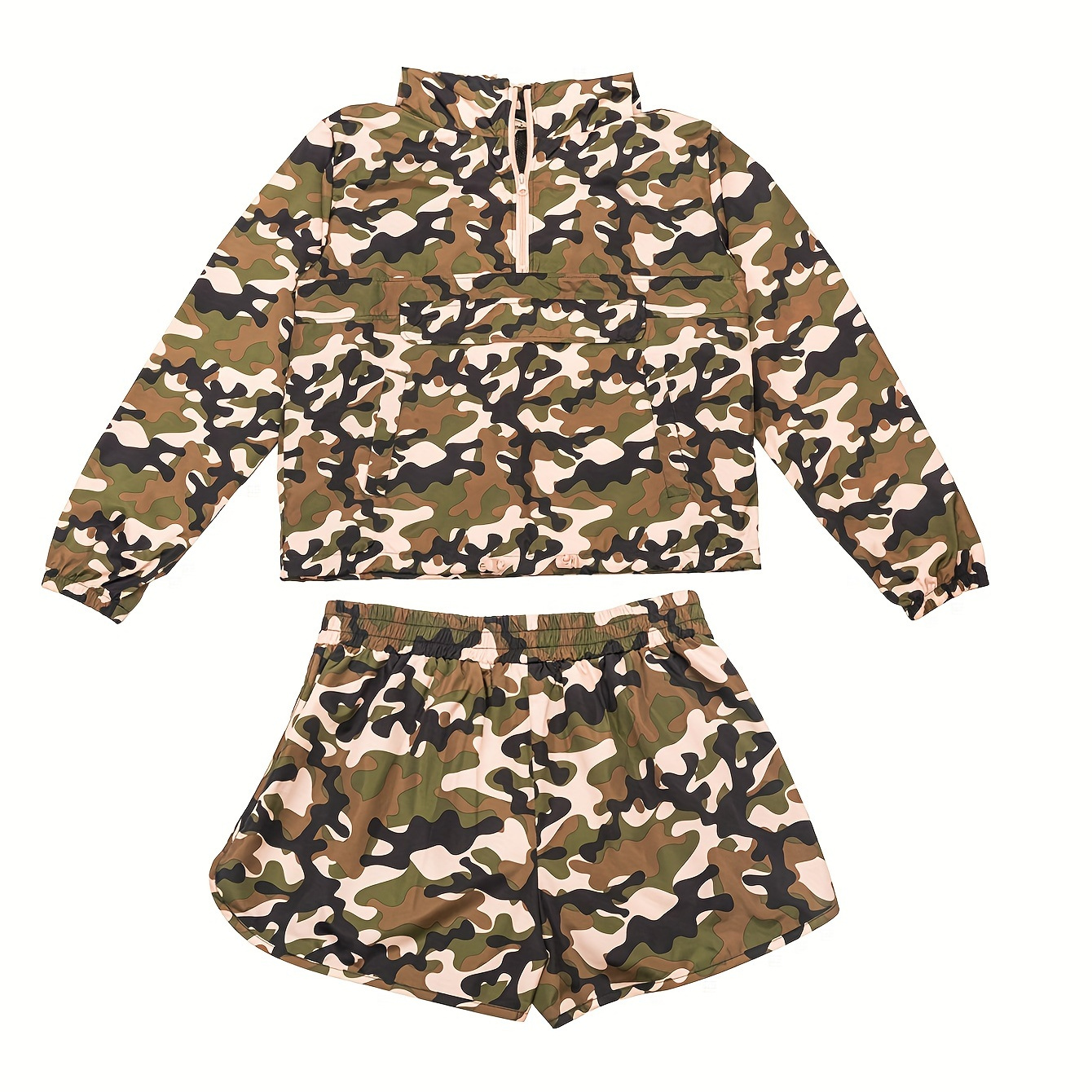 

Casual Camo Print Sporty 2 Pieces, Half Zip Pocket Hoodie & Loose Shorts Outfits, Women's Clothing