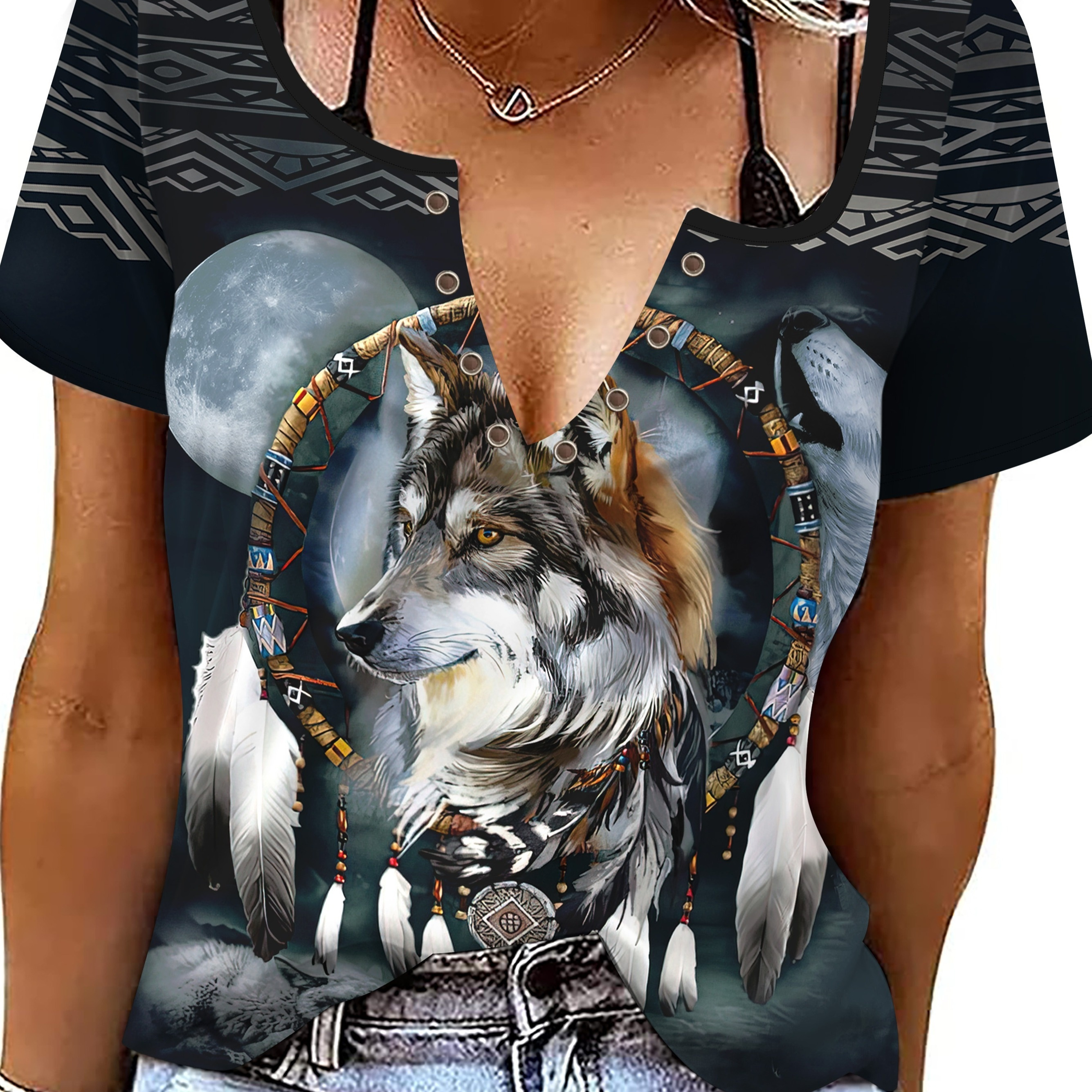 

Plus Size Women's V-neck Open Button 3d Wolf T-shirt, Polyester , Knit Fabric, Medium Stretch, For Summer Wear