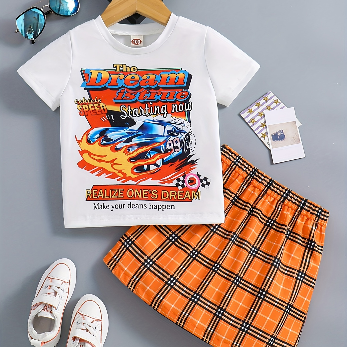 

Trendy Sports Car Graphic 2pcs Set Girls Short Sleeve T-shirt + Plaid Skirt Set Summer Gift
