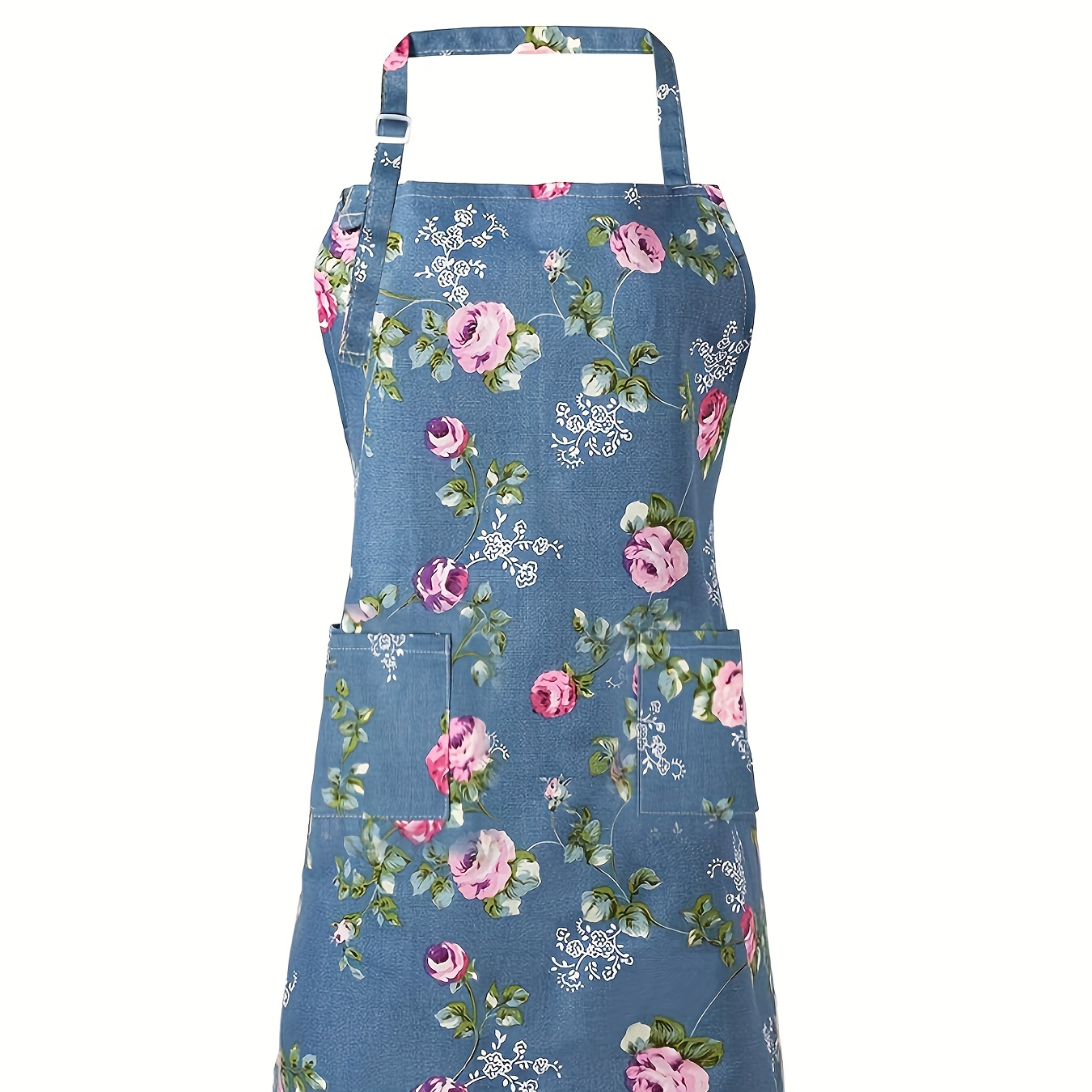 

Floral Print Adjustable Strap Apron, Vintage Patch Pockets Tie Back Apron For Kitchen, Women's Clothing