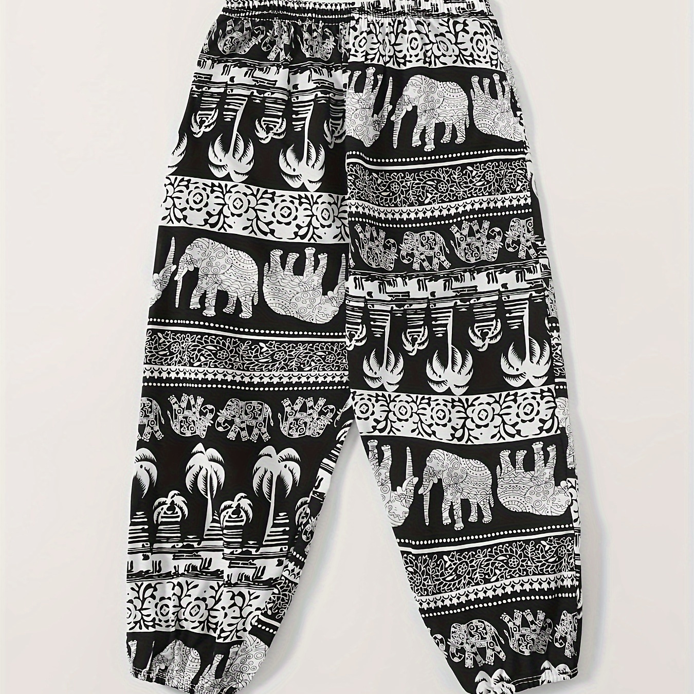 

Ethnic Elephants Full Print Toddler Girls Breathable Thin Jogger Pants, 100% Cotton Comfy Harem Trousers For Kids Spring Summer