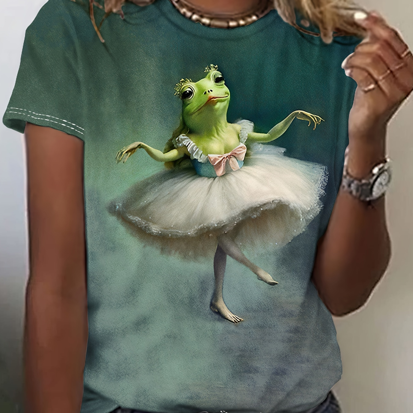 

Frog Princess Print Crew Neck T-shirt, Casual Short Sleeve Summer Daily Top, Women's Clothing