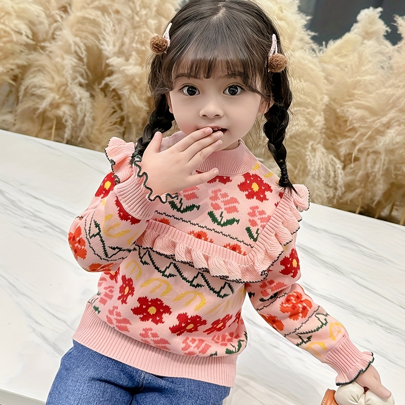 

Cute Floral Crew Neck Pullover Sweater For Children - Polyester & Elastane Blend, Long Sleeve, Medium Stretch Knit Fabric, Fall/winter Collection