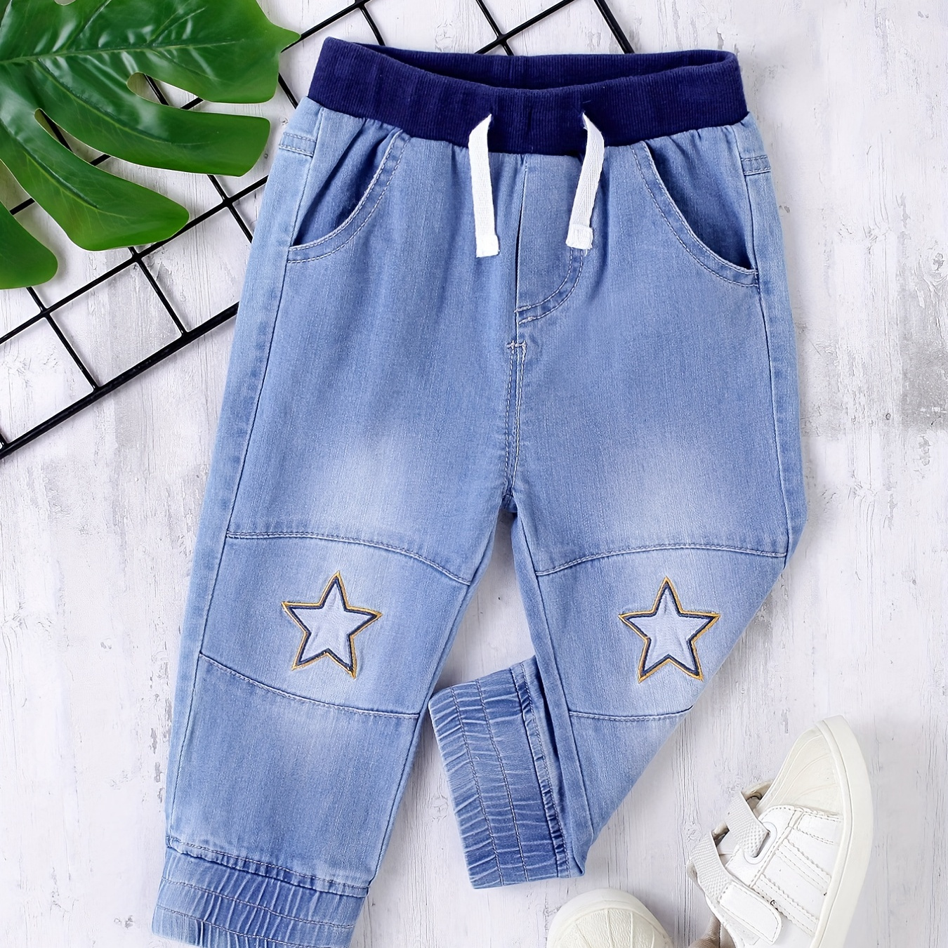 Girls Denim Joggers Star Embroidery Drawstring Jeans Kids - Temu