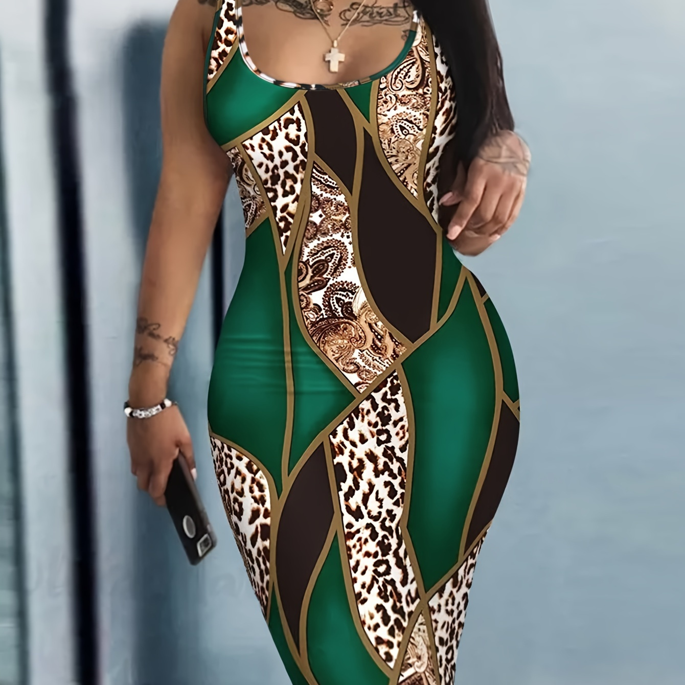 

Leopard Patchwork Print Tank Bodycon Dress, Sexy Sleeveless Crew Neck Dress, Women's Clothing