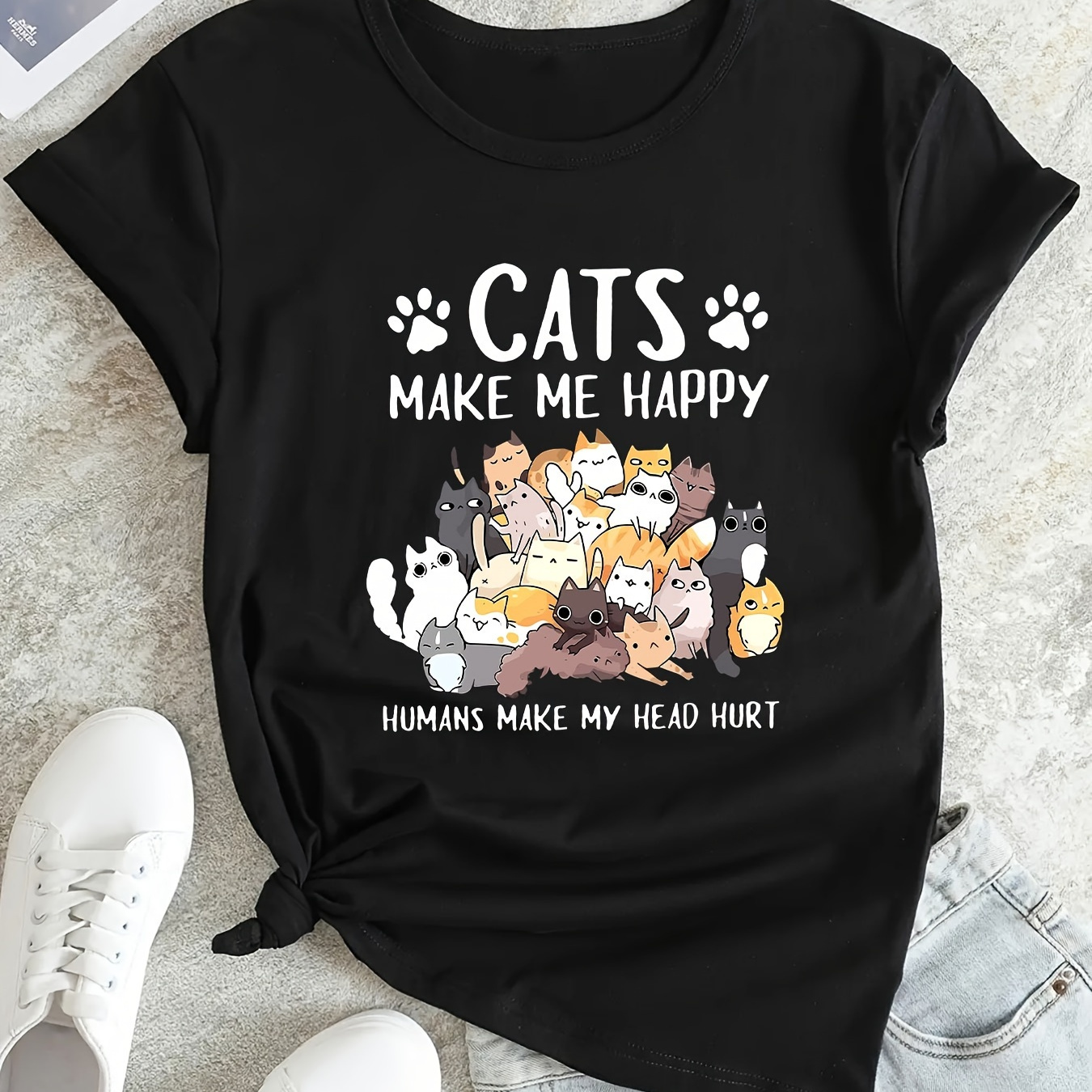 

Women's "cats Make Me Happy" Graphic Tee, Casual Round Neck Short Sleeve Top, Sporty Style, Spring/summer Fashion, T-shirt