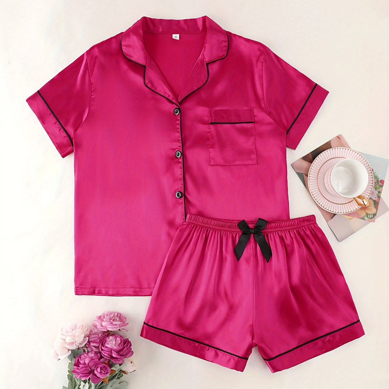 

Women's Solid Satin Casual Pajama Set, Short Sleeve Buttons Lapel Top & Bow Decor Shorts, Comfortable Relaxed Fit