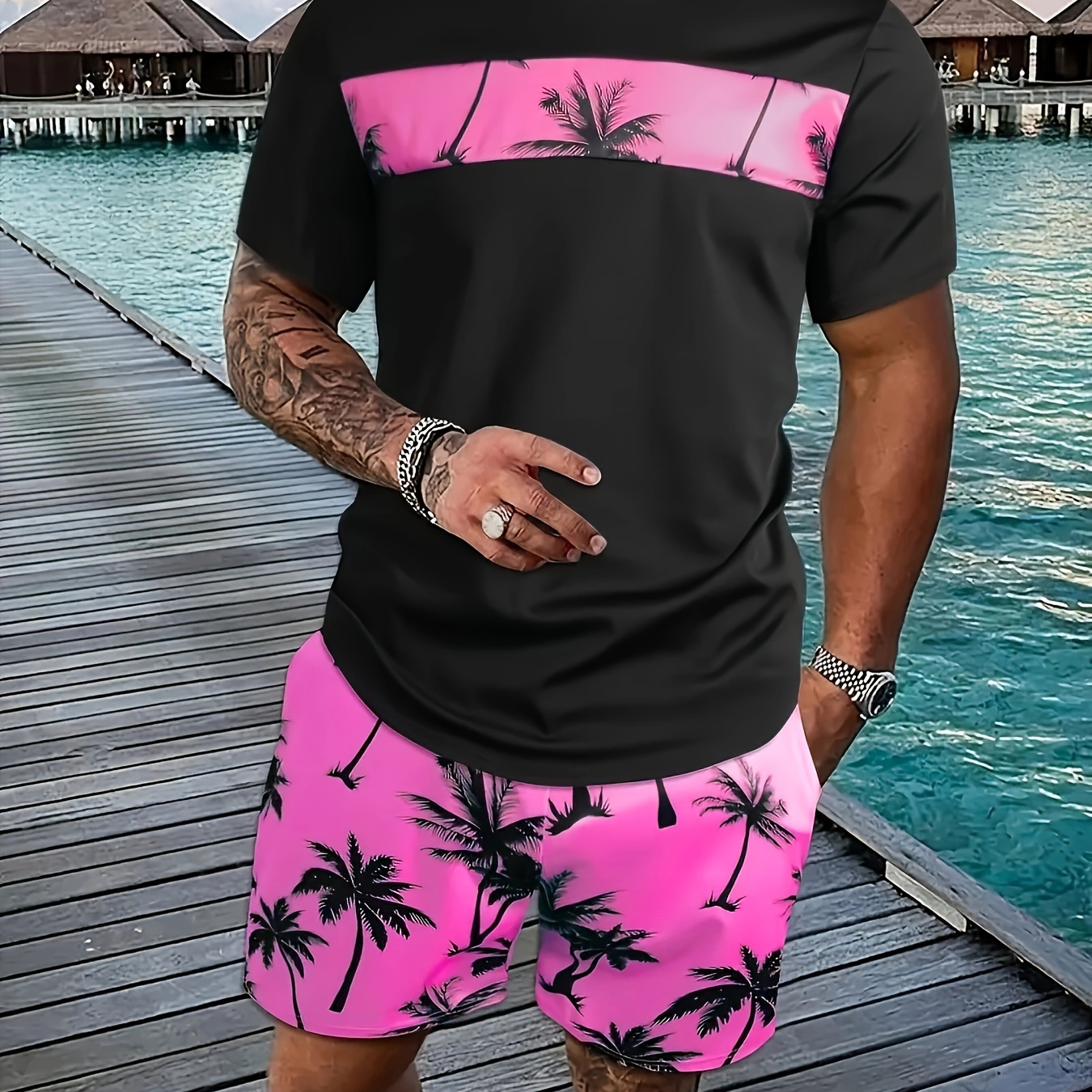 

Mens Tropical Coconut Tree Printed Short Sleeve Tee & Drawstring Pocket Shorts Set - Lightweight, Comfortable, 2-piece Summer Outfit For Stylish Casual Wear