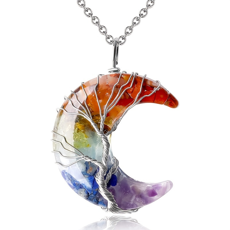 

1/2pcs 7 Chakra Healing Crystal Necklace Tree Life Wire Wrapped Crescent Moon Phase Stone Pendant Necklaces Natural Resin Reiki Spiritual Quartz Gemstone Hippie Witch Jewelry Gifts For Women