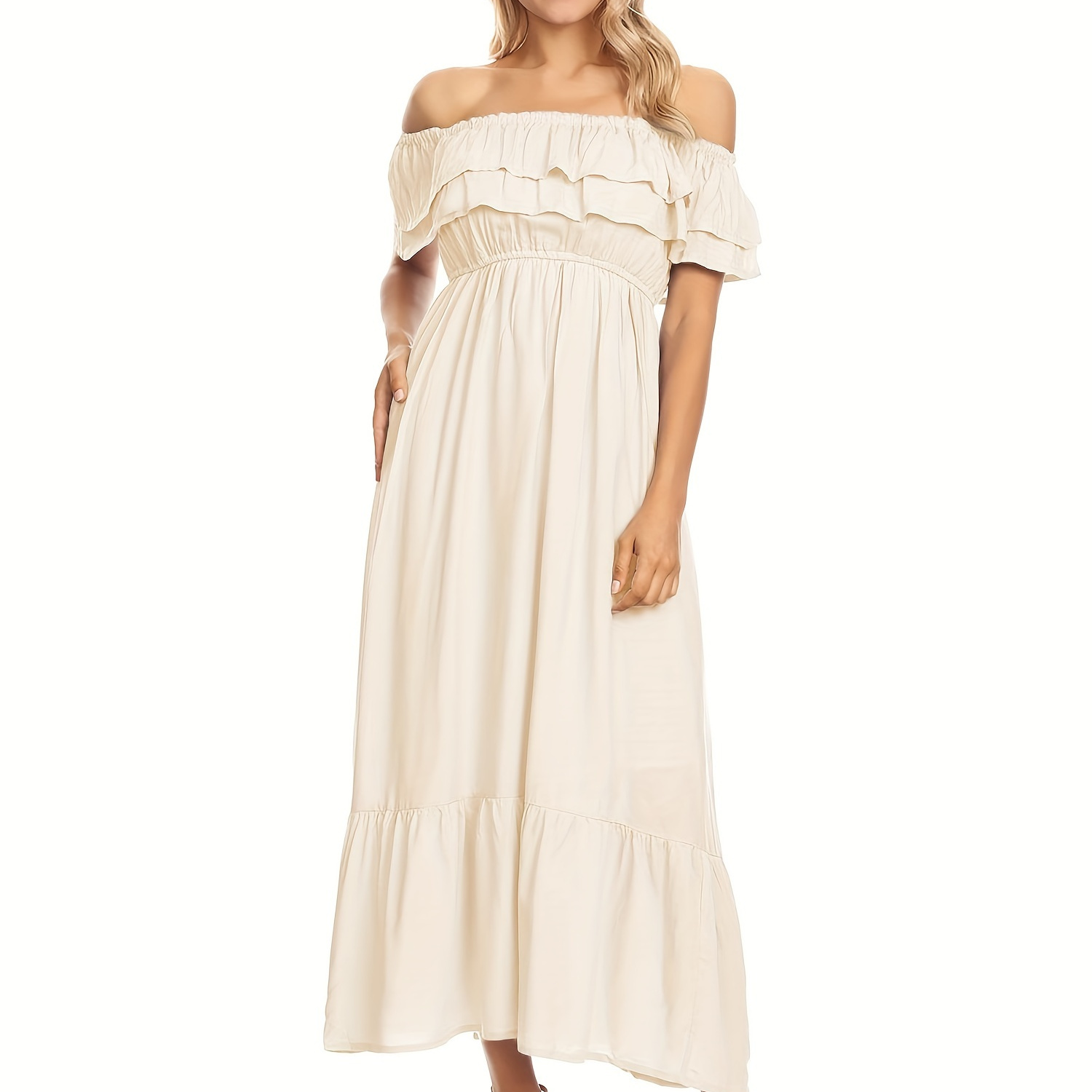 

Solid Color Off Shoulder Maxi Dress, Boho Ruffle Trim Dress For Spring & Summer, Women's Clothing