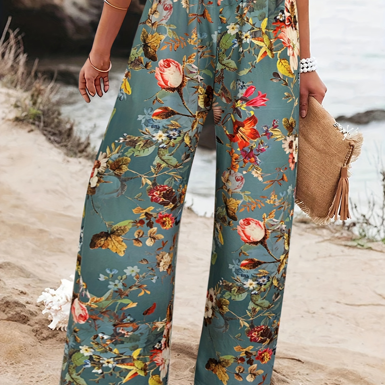 

Pantalon large à imprimé floral, élégant taille haute, pantalon polyvalent de style vacances pour et l'été, vêtements pour femmes.