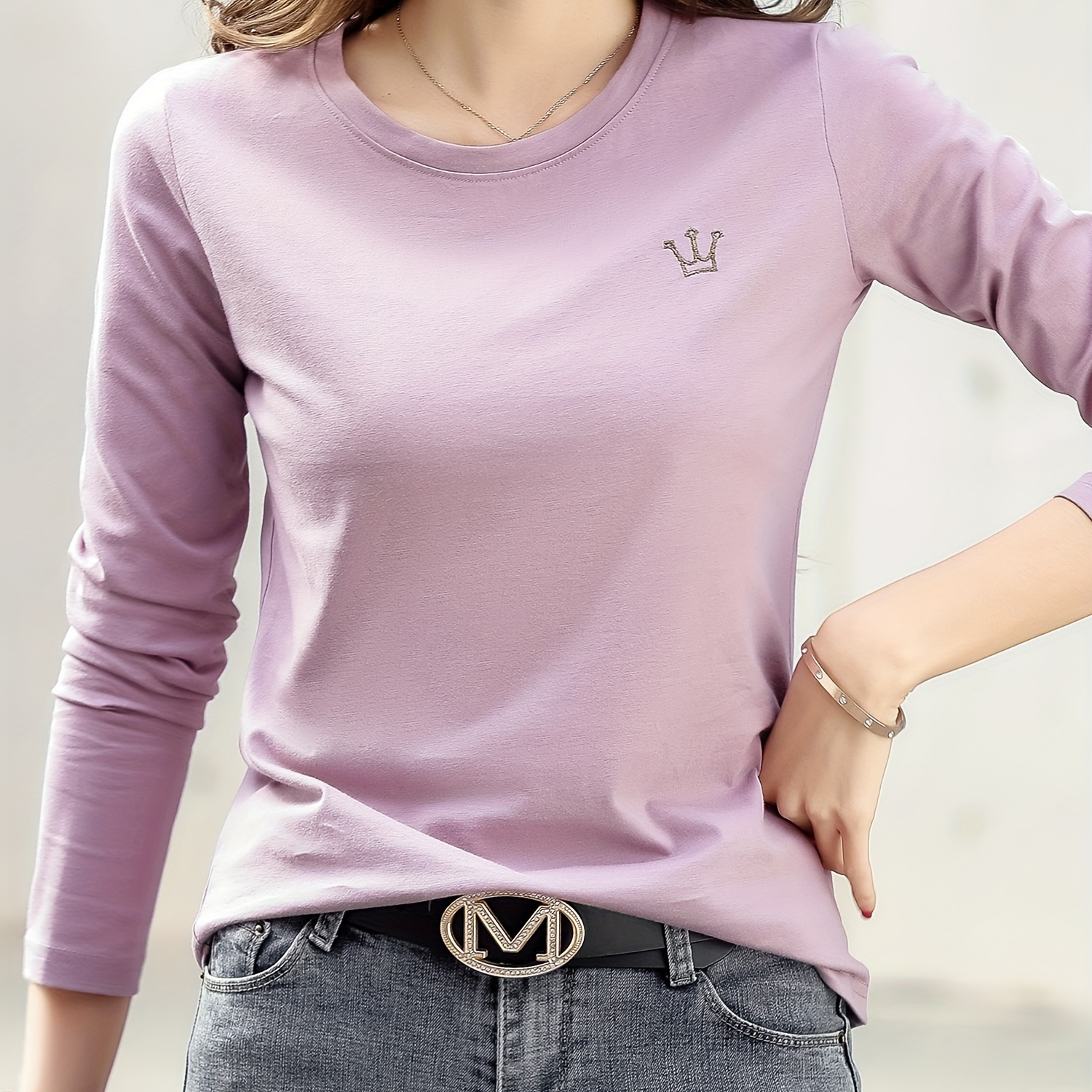 

Crown Print Crew Neck T-shirt, Casual Long Sleeve Simple Top, Women's Clothing