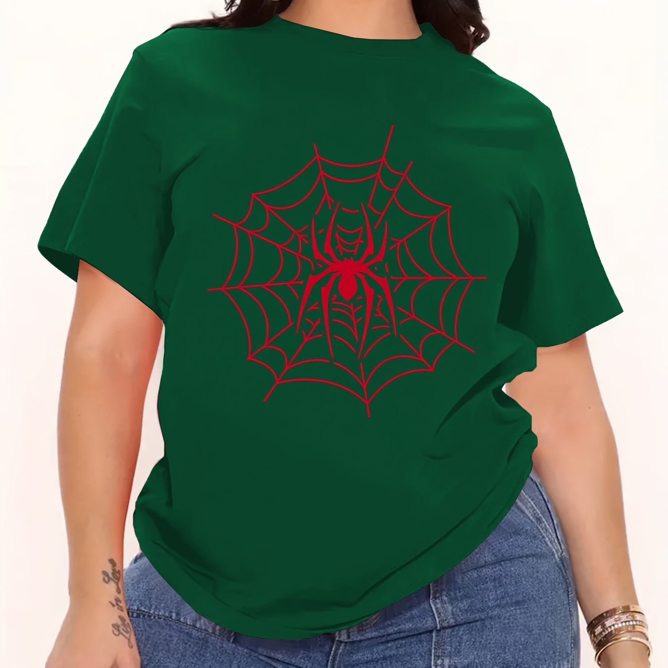 

Women's Casual Sports T-shirt Top, Plus Size Spider Web Print Stretchy Round Neck Breathable Short Sleeve Fitness Tee Top