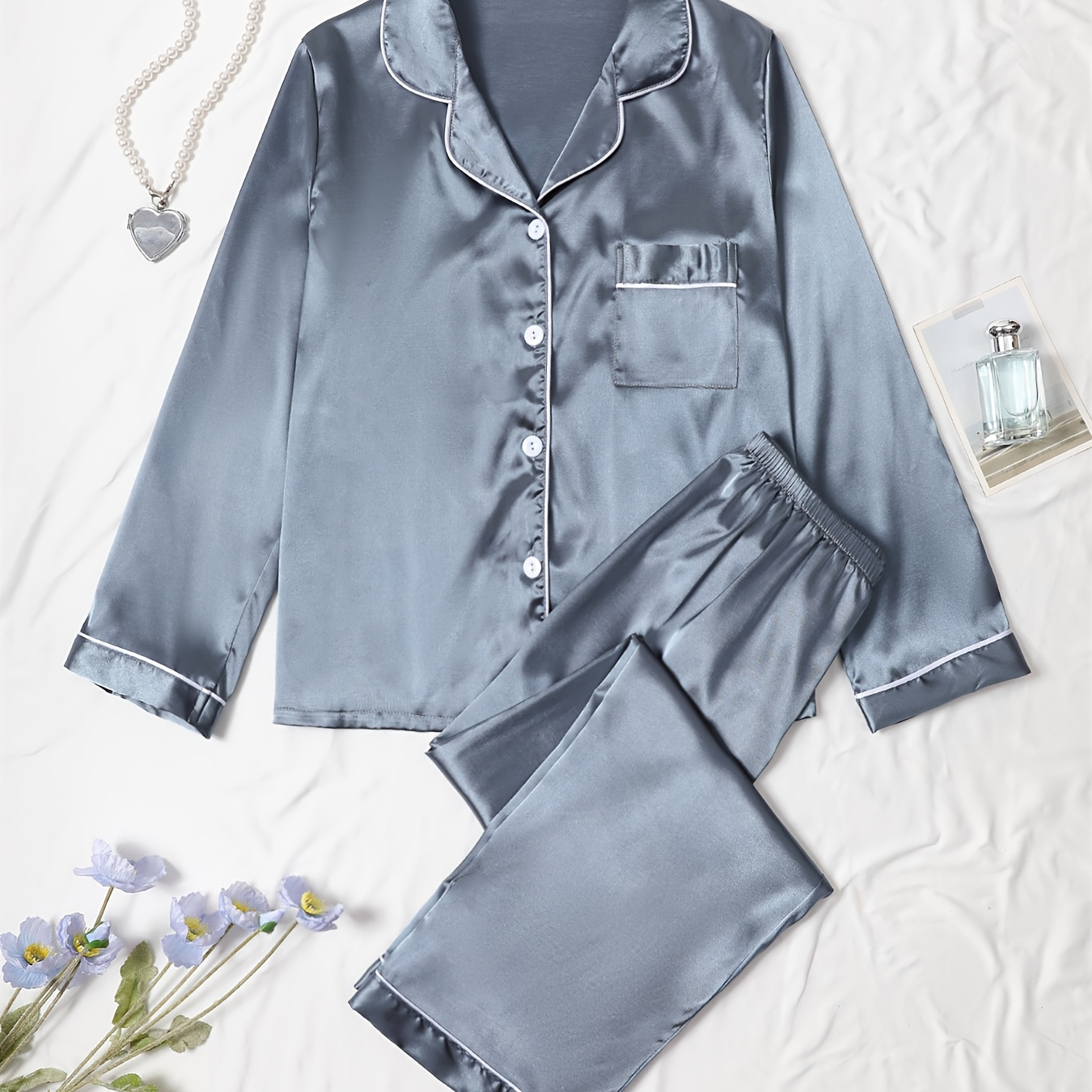

1 Set Satin Pajama Set For Women - Solid Color Collar Long Sleeve And Pants Loungewear With Button Detail, , All Season Comfort, Adult Sleepwear