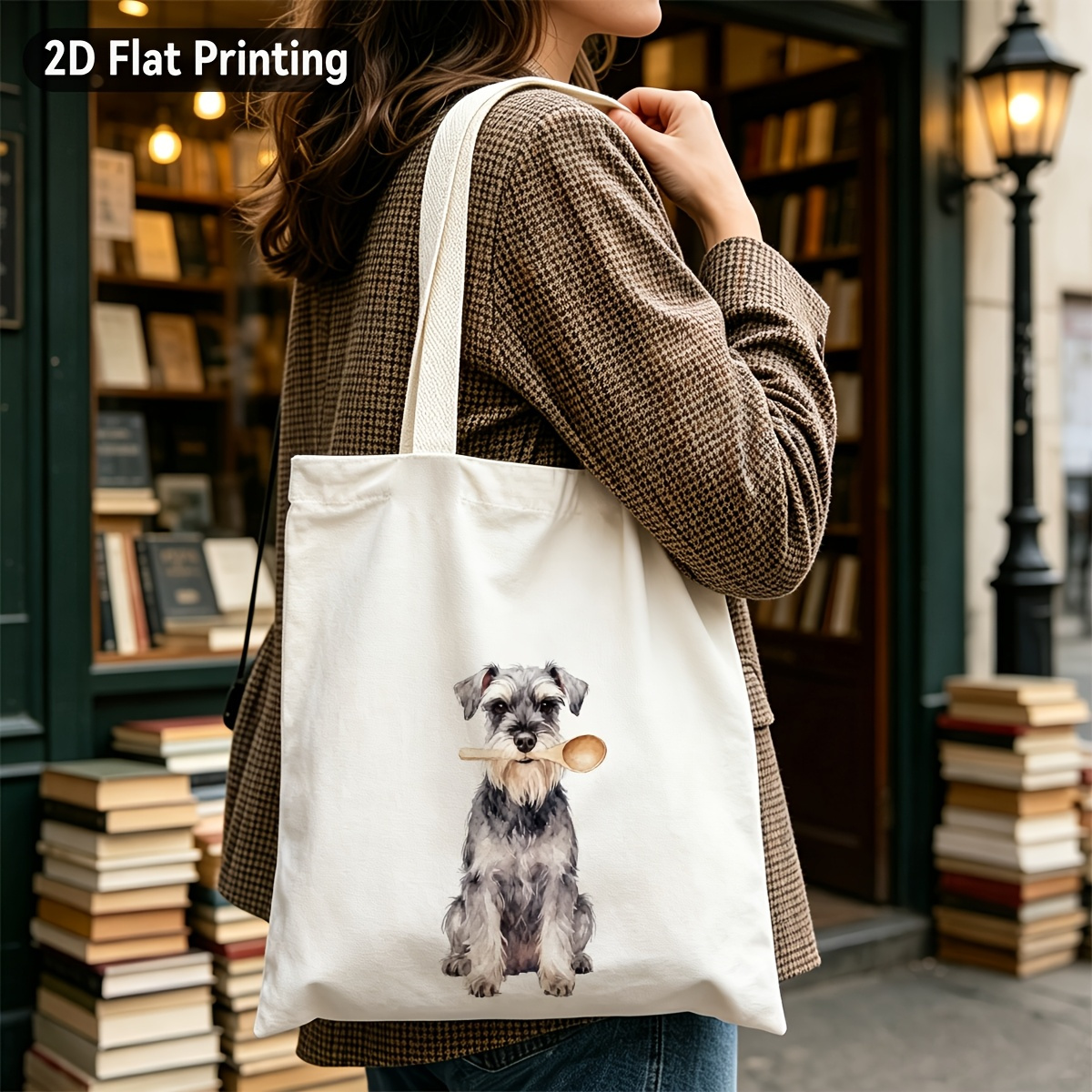 TEMU 2d Flat 1pc Watercolor Cute Miniature Schnauzer Dog Durable Tote Bag, , Duplex Prints Puppy With Spoon, Ideal For Grocery Shopping, Casual , ,
