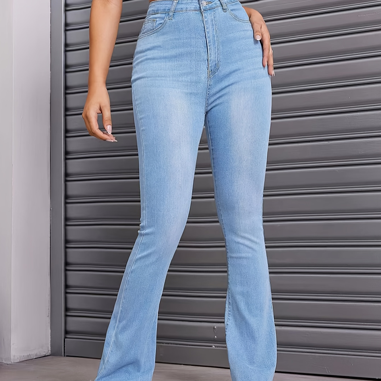 Dark Blue V Cut Flare Jeans Layered Water Ripped Embossed - Temu