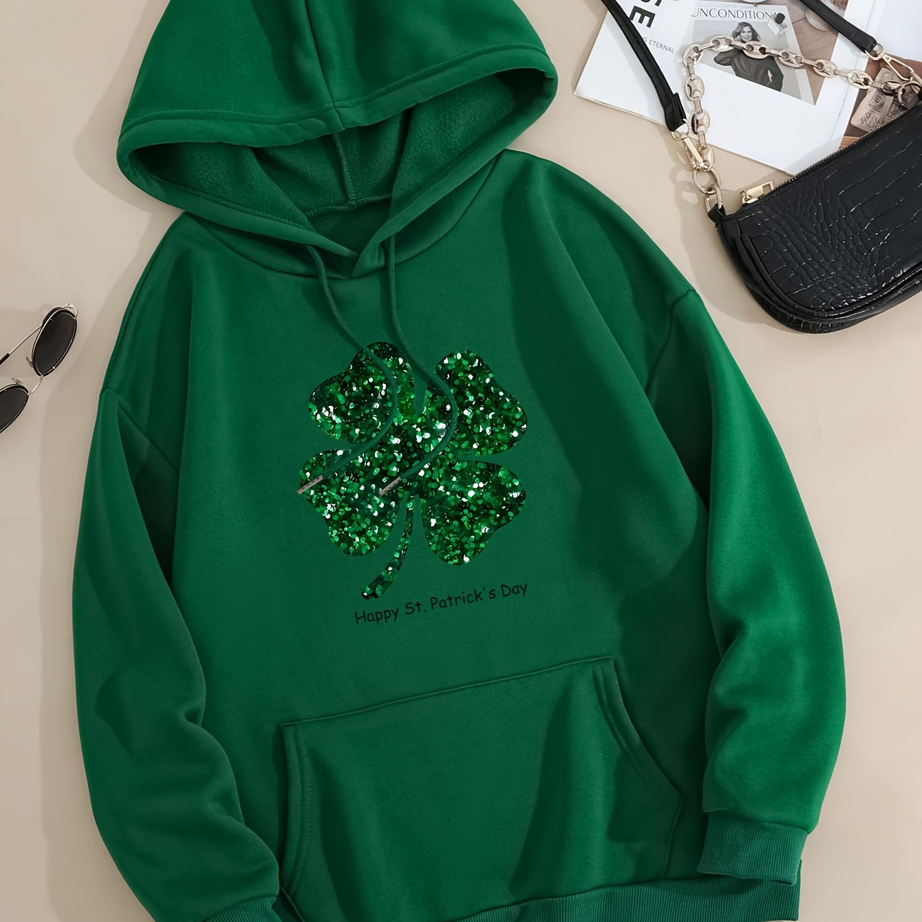 

Women's 's Day Hoodie, 100% Polyester Knit Fabric, Long Sleeve Pullover With Pocket, Regular Fit Casual Sweatshirt, Fall/ Hooded Sweatshirt With Cartoon Clover Print