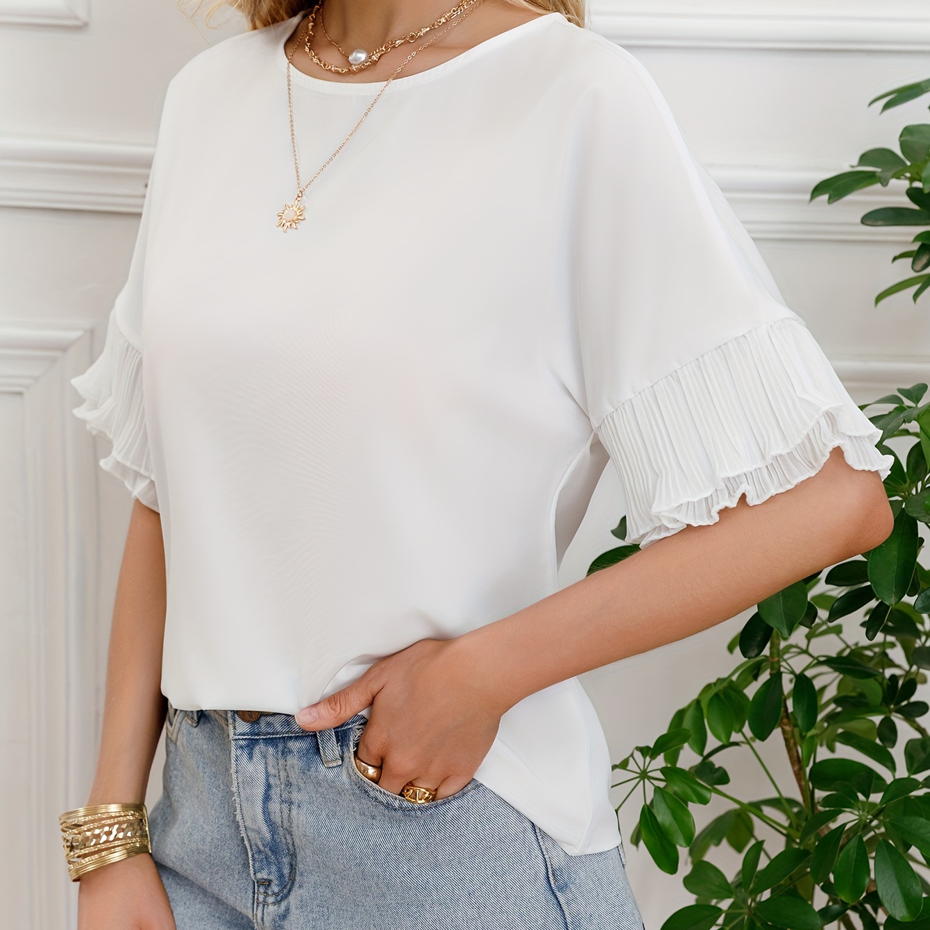 

Solid Color Layered Flare Sleeve Blouse, Elegant Crew Neck Loose Blouse For Spring & Fall, Women's Clothing