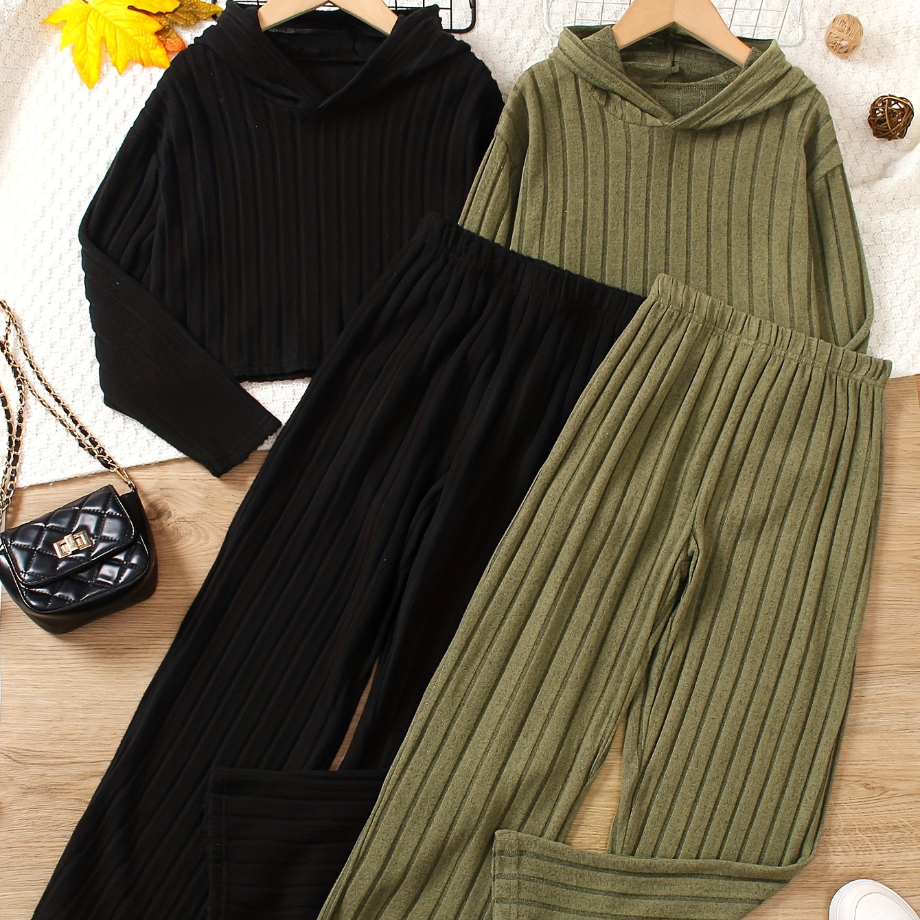 

2 Girl's Ribbed Long- + Pants - & Fall Outfit, As