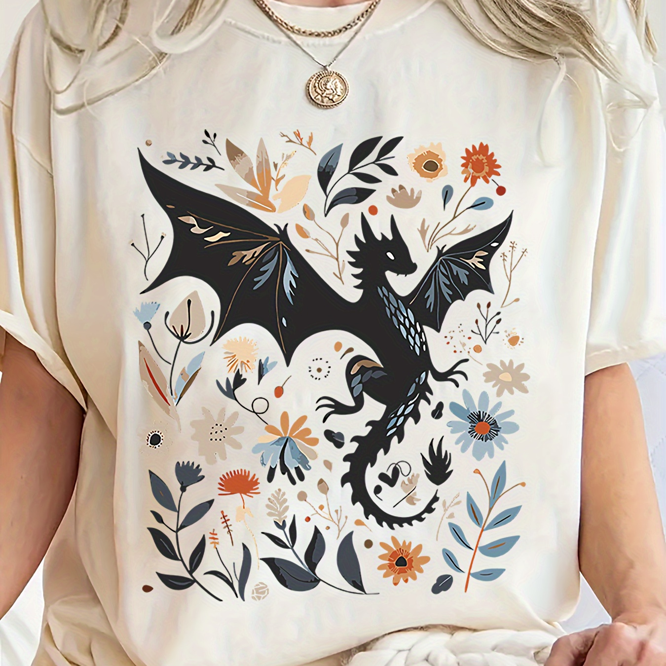 

Plus Size Dragon & Floral Print Crew Neck T-shirt, Casual Short Sleeve T-shirt For Spring & Summer, Women's Plus Size Clothing