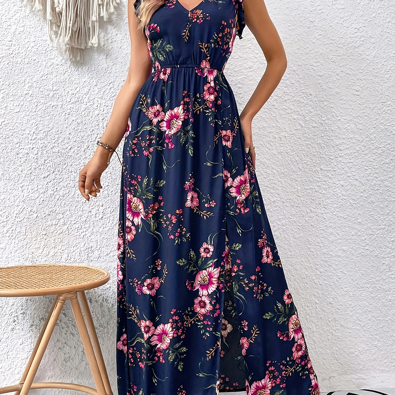 

Floral Print High Waist Swing Maxi Dress, Elegant Split Hem V Neck Dress For Spring & Summer, Women's Clothing