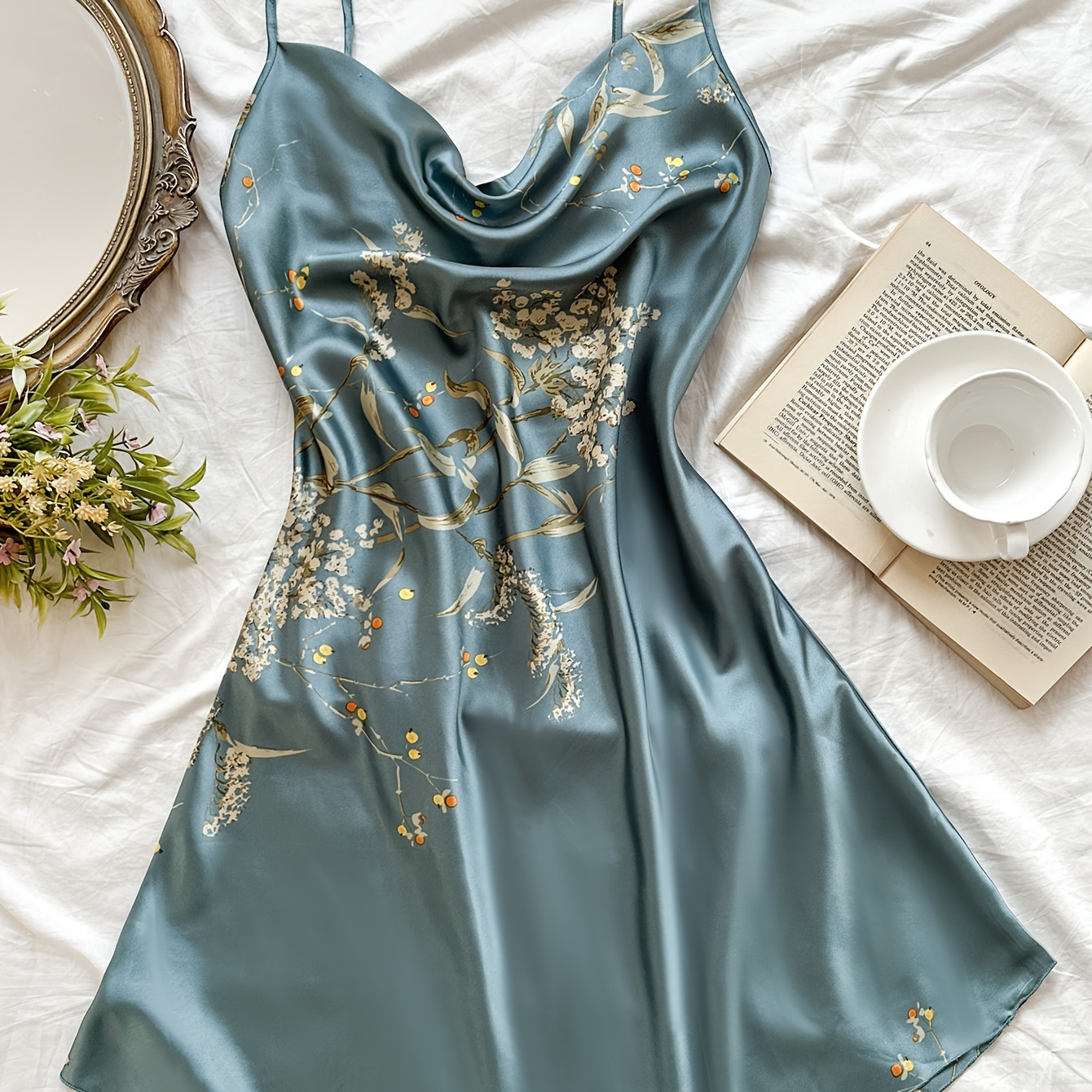 

Women's Floral Print Elegant Satin Sleepwear Dress, Turtleneck Backless Slip Dress, Comfortable Nightgown
