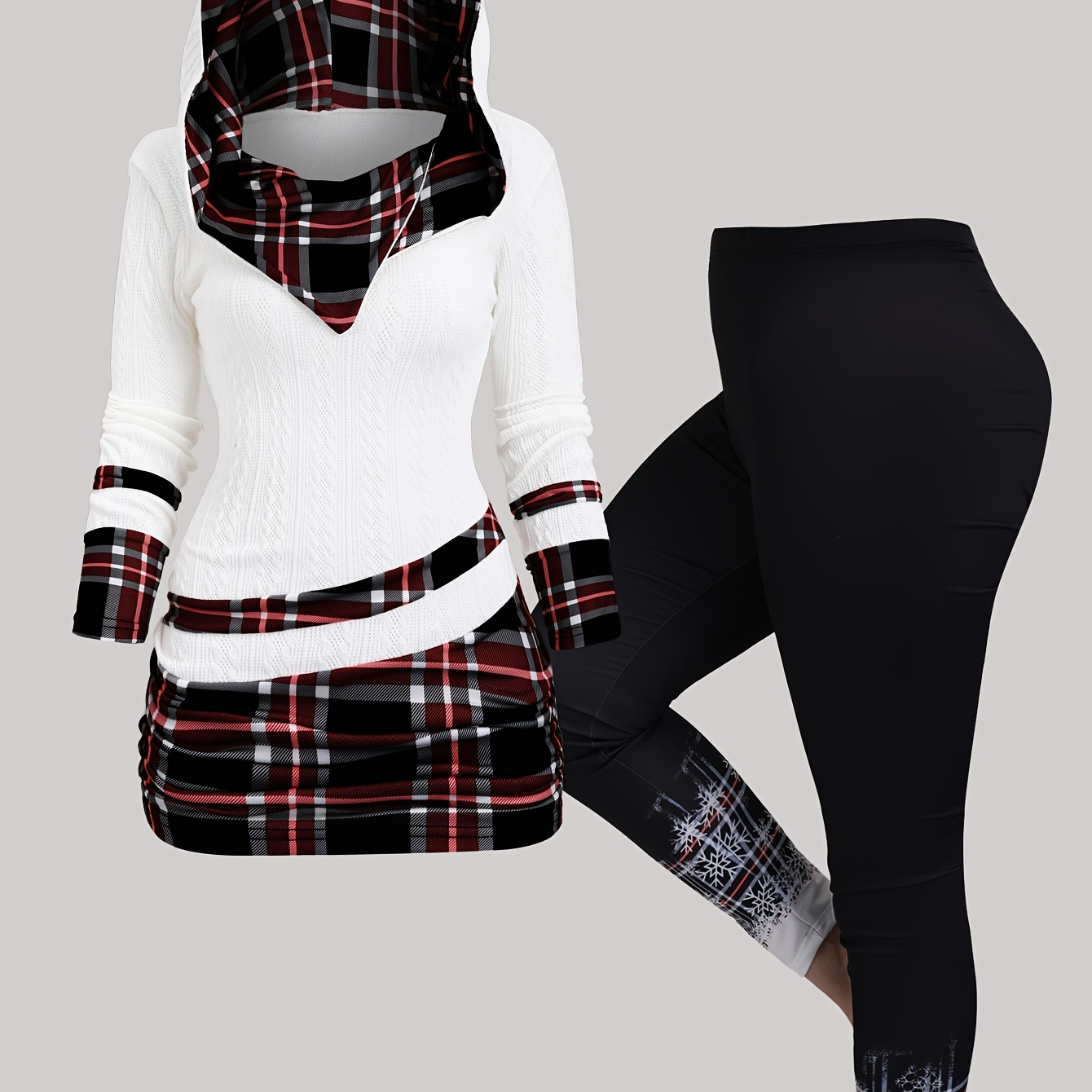 

Costume à Capuche avec Col Asymétrique en de Sergé à Texture à Carreaux