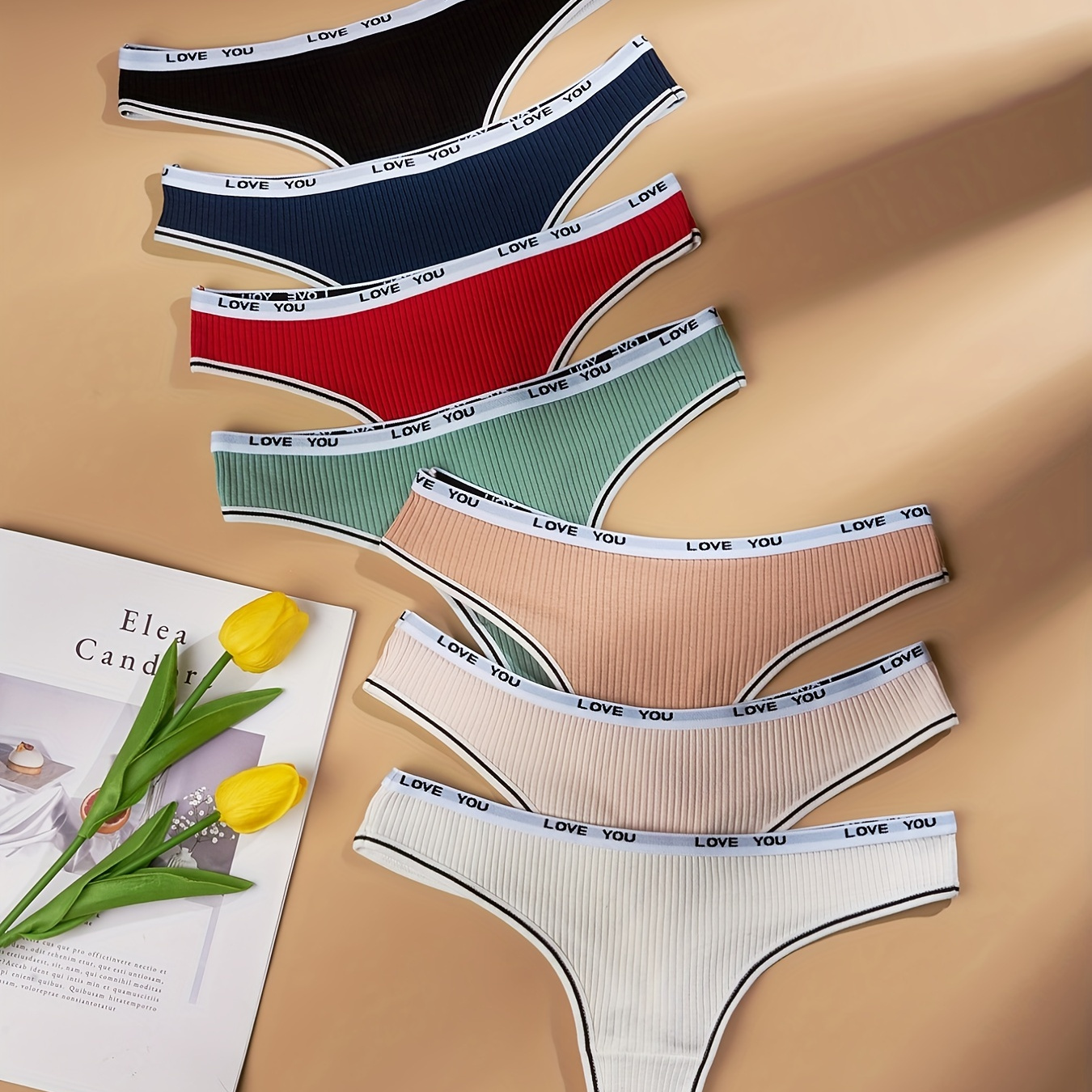 

7pcs Letter Tape Ribbed Thongs, Soft & Comfy Low Waist Panties, Women's Lingerie & Underwear