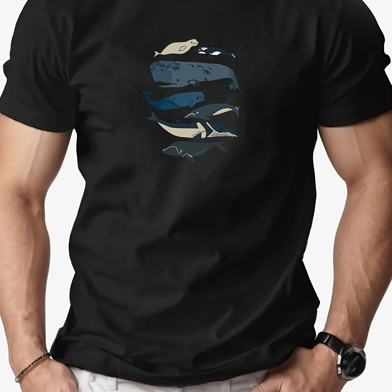 Men's Summer Casual T-Shirt with Whale & Dolphin Print