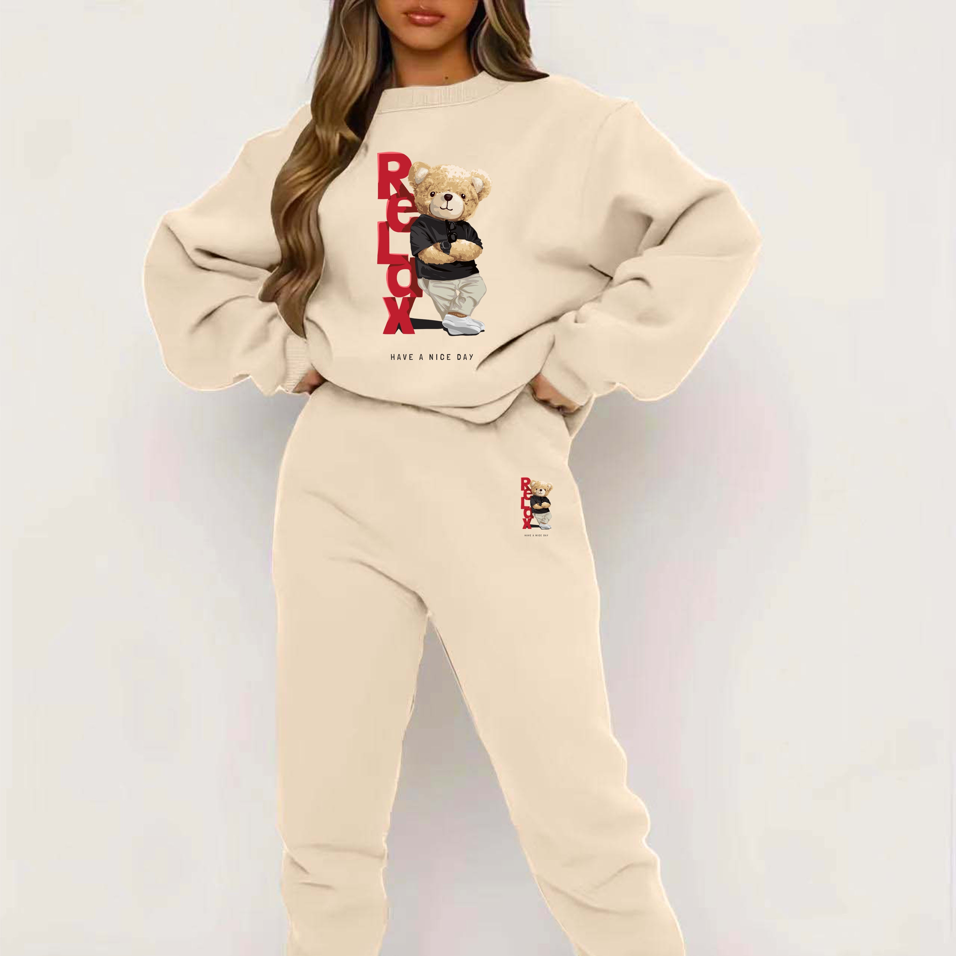 

Bear Print Fleece Two-piece Set, Casual Long Sleeve Sweatshirt & Jogger Sweatpants Outfits, Women's Clothing