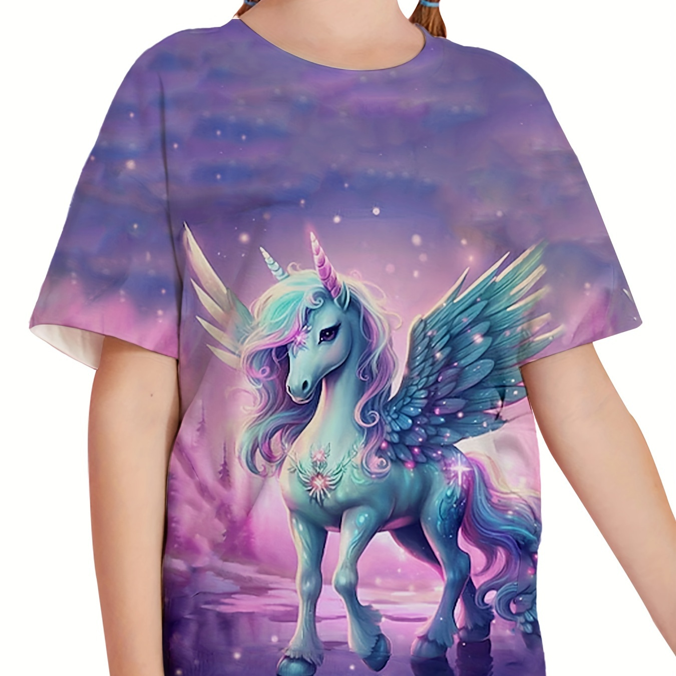 

Girls Starry Sky Graphic Unicorn Print Short Sleeve T-shirt Summer Clothes Party
