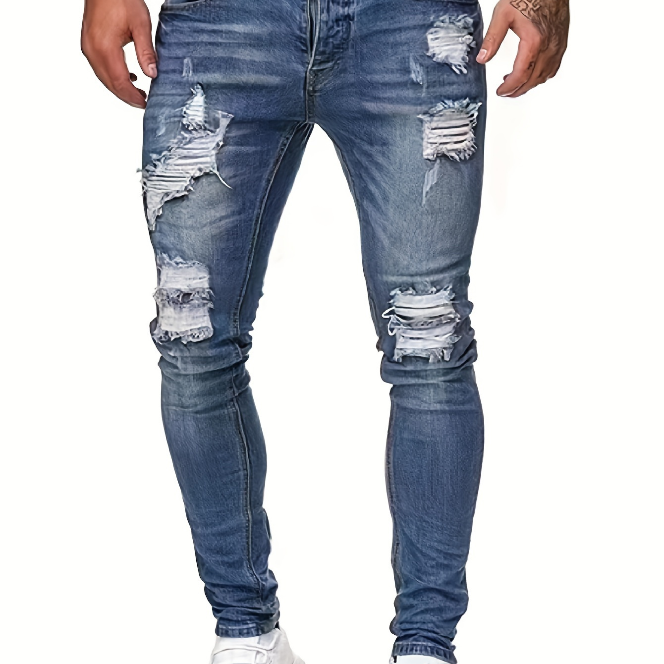 

Slim Fit Ripped Jeans, Men's Casual Street Style Distressed Medium Stretch Denim Pants