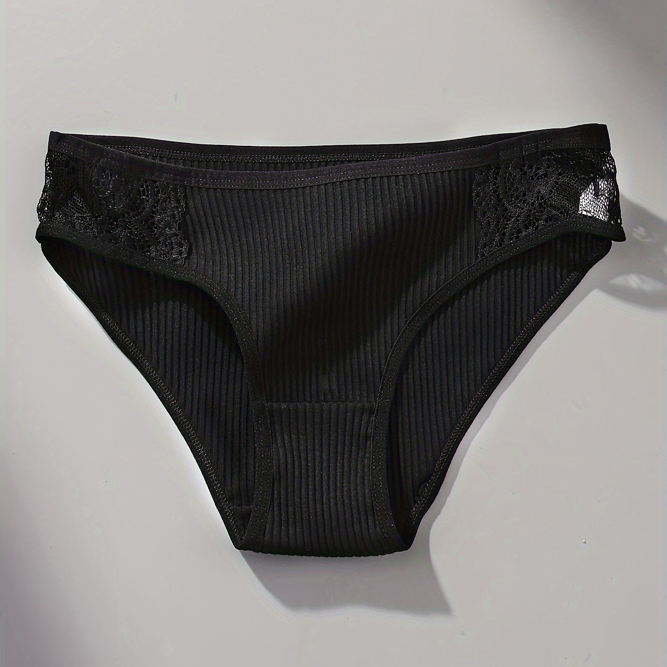 

Contrast Lace Ribbed Briefs, Comfy & Breathable Intimate Panties, Women's Lingerie & Underwear