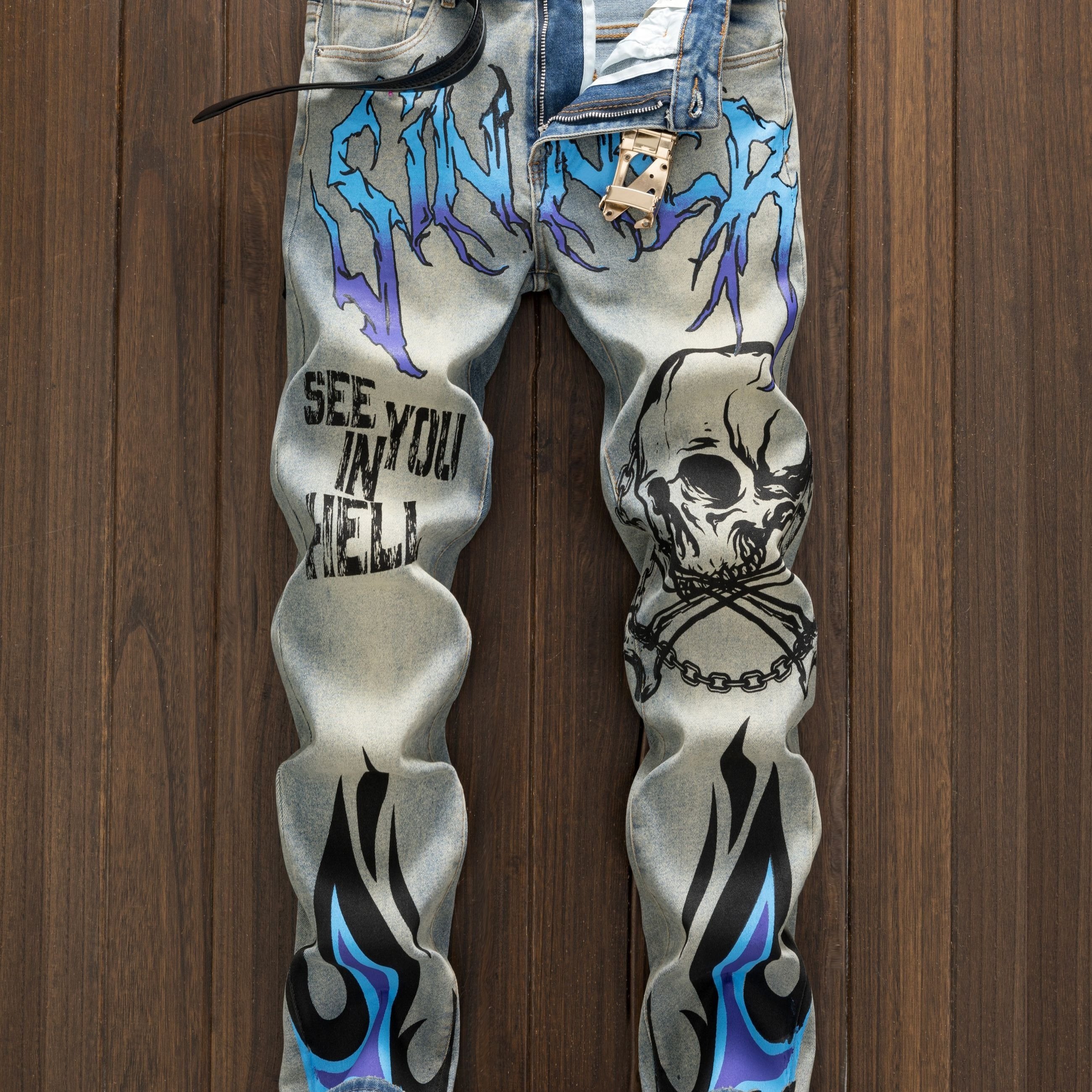 

Punk Style Men's Cotton Blend Vintage Jeans, Chic Street Style Slim Fit Bottoms For Men, All Seasons