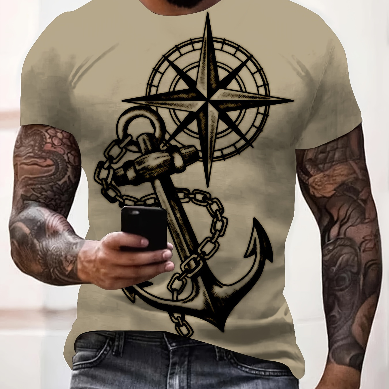

Compass And Anchor Print Men's Stylish Short Sleeve Crew Neck T-shirt, Summer Outdoor